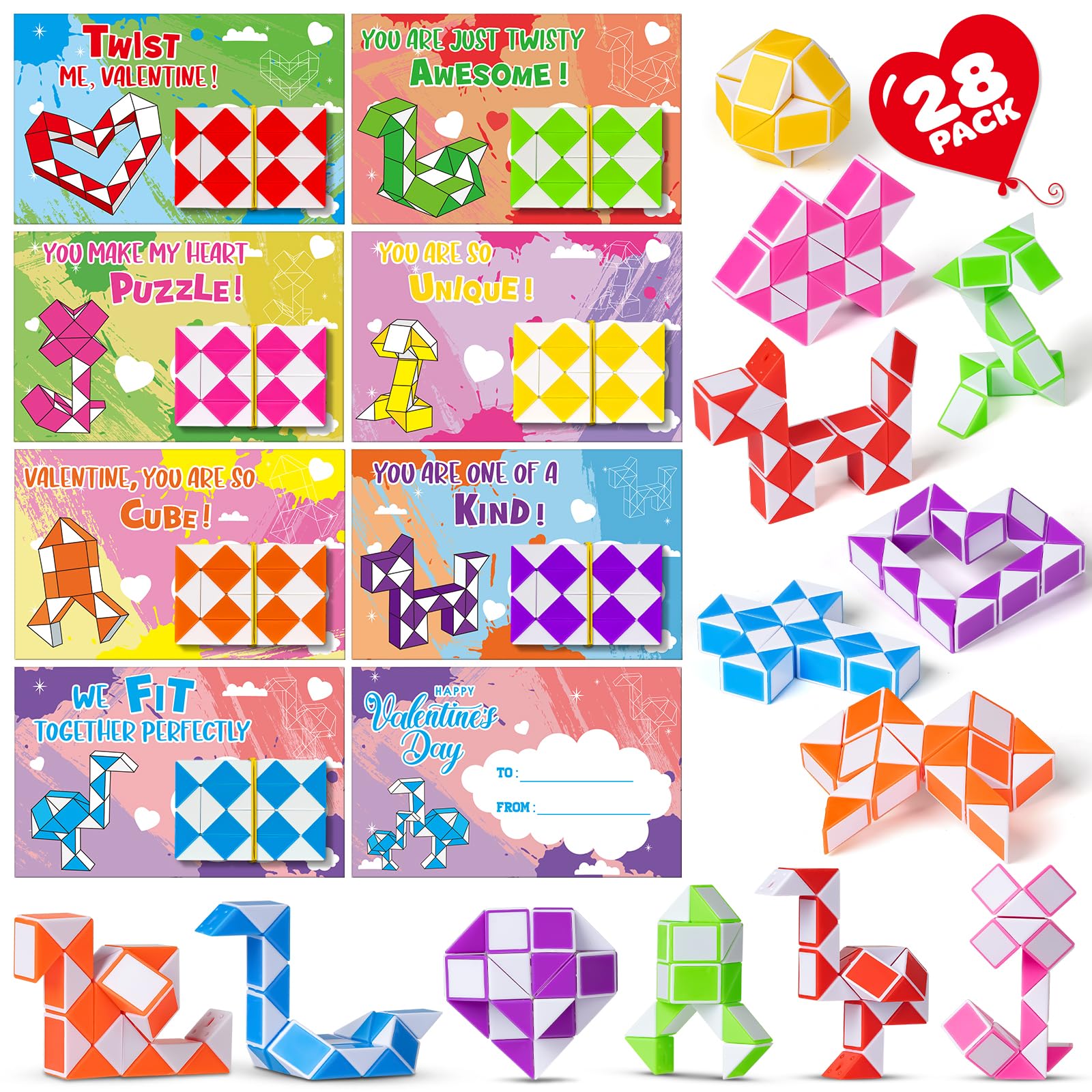 Photo 1 of 28 Pack Valentine Cards for Kids Classroom, Mini Twist Puzzle Snake Cube Toys, Blocks Fidget Snake Cube Valentine Gift for Kids, Valentine Kids Party Favors Set for Valentine Kids Classroom Exchange