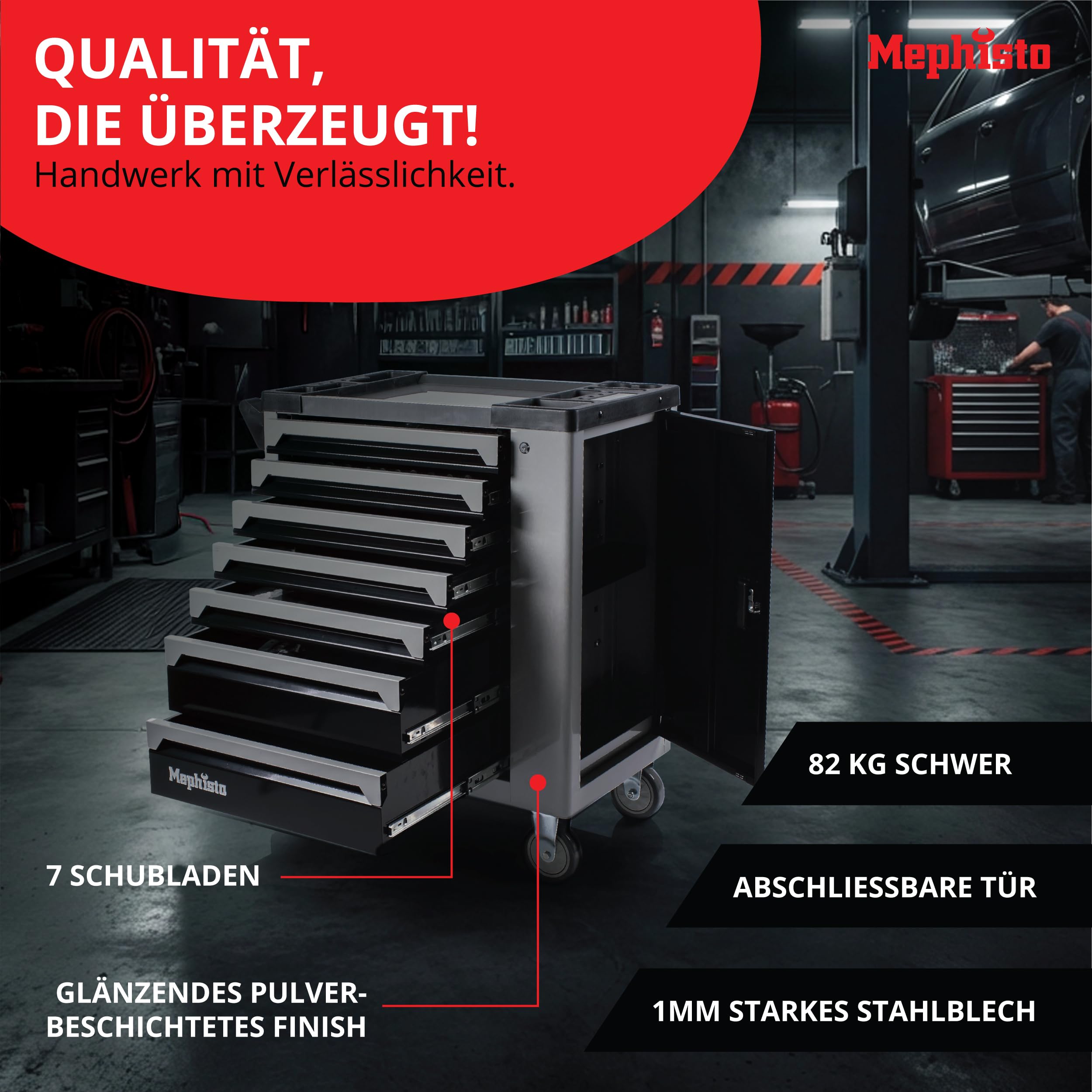 Mephisto XXL Werkzeugwagen Werkstattwagen mit 7 Schubladen Davon 7 mit Werkzeug wie Schraubenschlüssel, Ratsche mit Nusskasten, Schraubendreher usw. in Soft Inlays in Carbonoptik gefüllte Schubladen