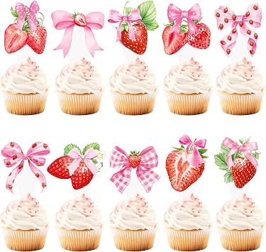 Pink Bow Strawberry Cupcake Toppers Berry Sweet Cake Decorations 48PCS Strawberry Bowknot Cupcake Picks Coquette Strawberry Party Decorations for Birthday Baby Shower Bachelorette Wedding Supplies