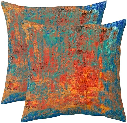 chiinvent Juego de 2 fundas de almohada abstractas naranja y azul fundas de almohada decorativas con pintura de óxido para dormitorio sala de estar