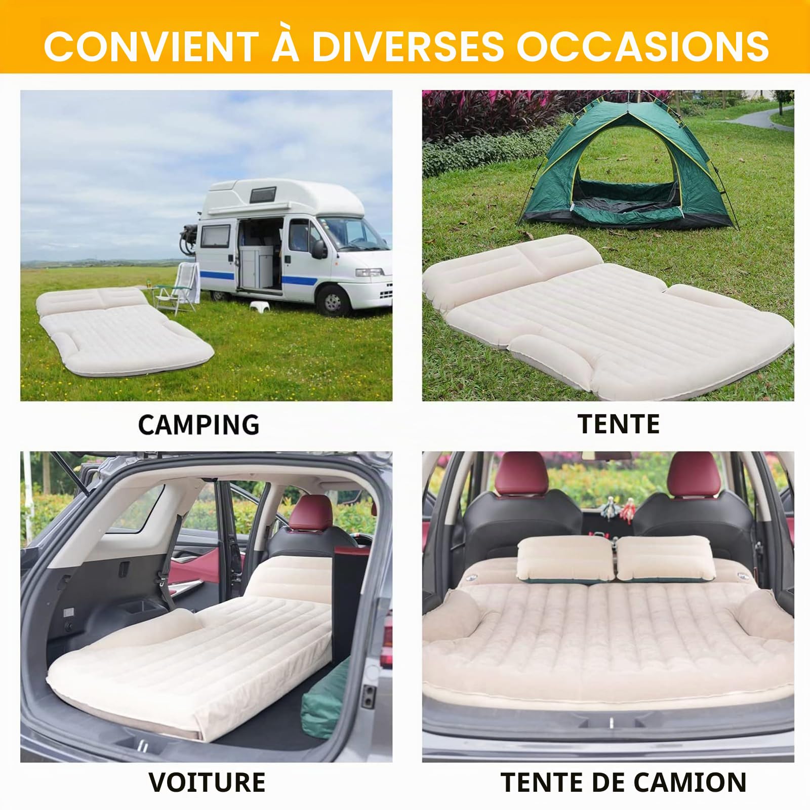 KMZ Matelas Pneumatique éPaissi Et Flocage Double Face Lit De Camping De Voyage Coussin Mobile DéDié éTendu ExtéRieur pour SièGe ArrièRe SUV (Beige Et Café)