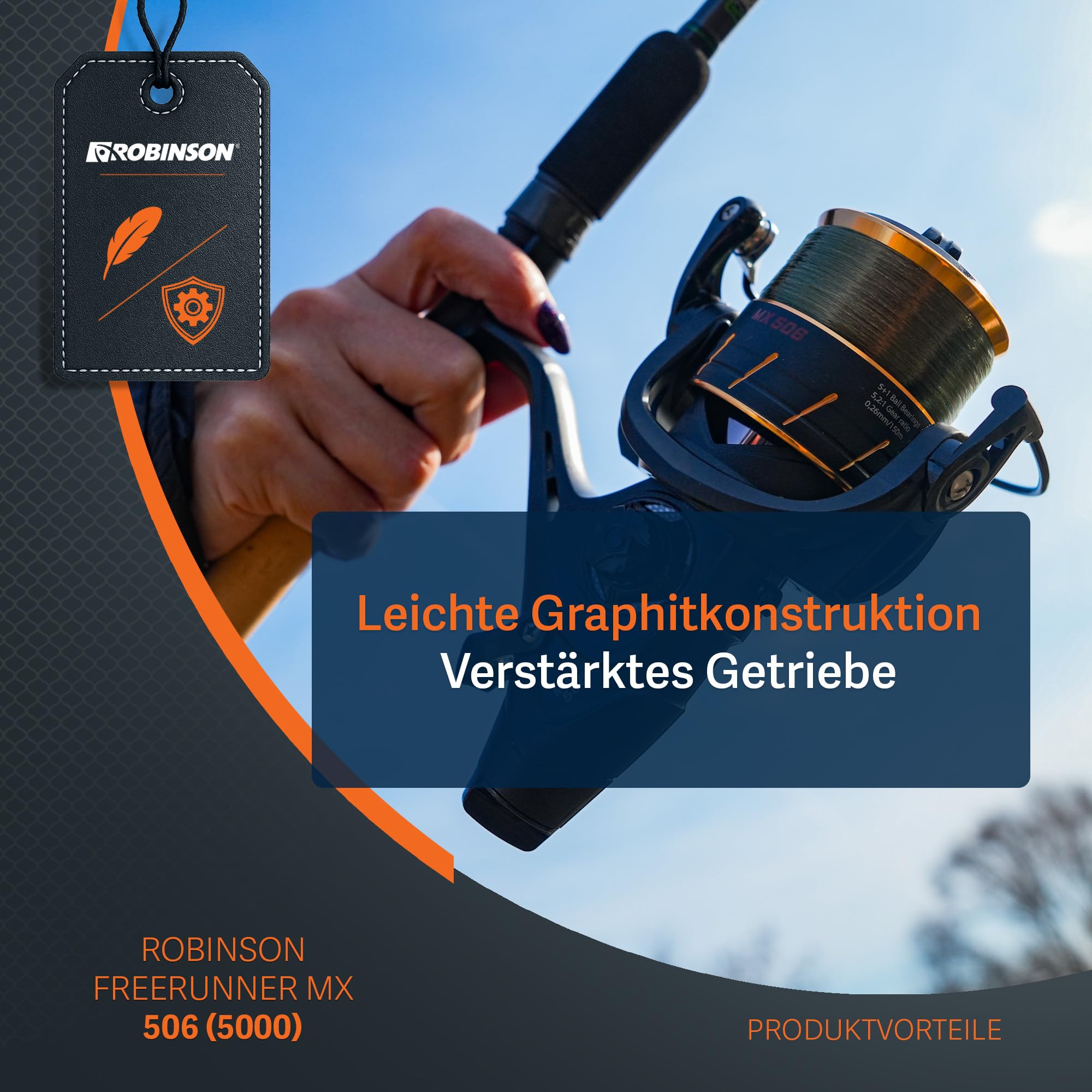 Robinson Angelrolle mit Freilauf - 6 Kugellagern - Verstärktem Getriebe und Rohr-Schnurfangbügel - CNC-Alu-Kurbel -10kg Bremskraft - Freerunner