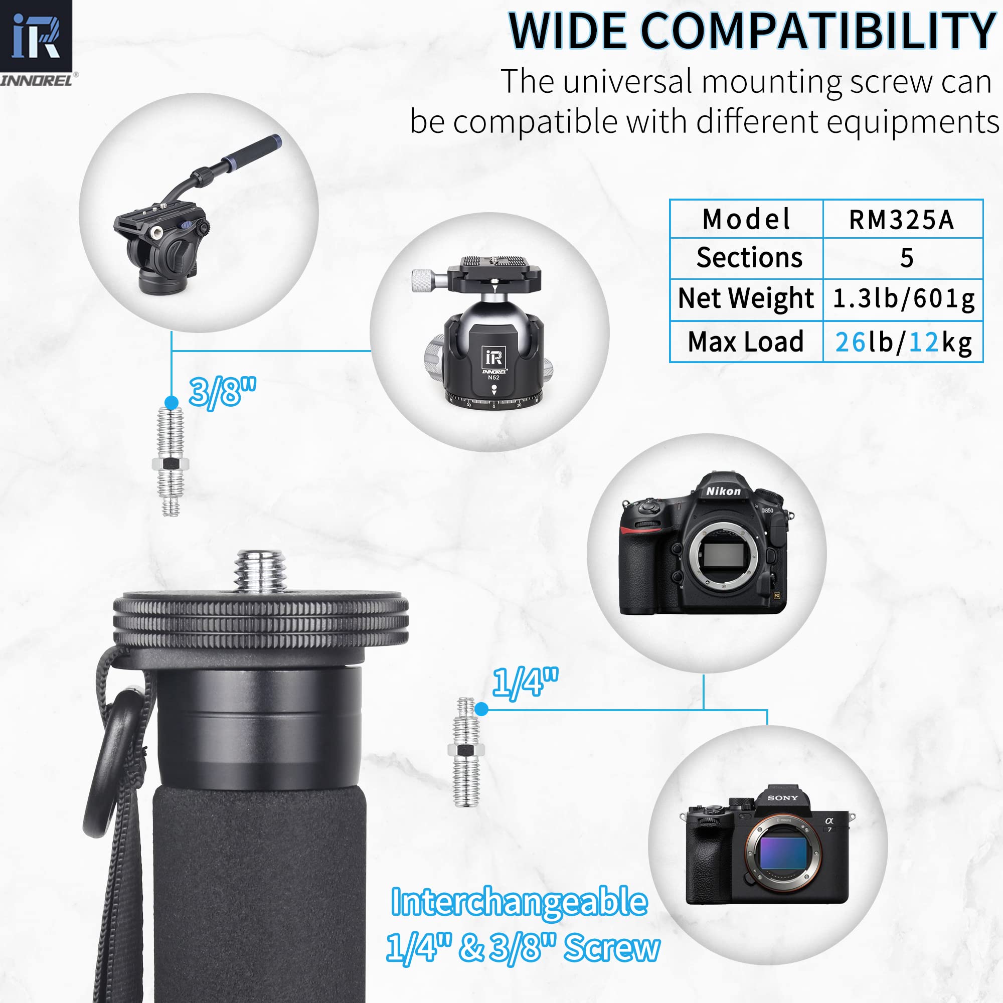 INNOREL RM325A Monopode Professionnel 5 Sections Alliage d'aluminium pour Appareil Photo Canon Nikon Sony DSLR Caméscope DV Charge 12 kg