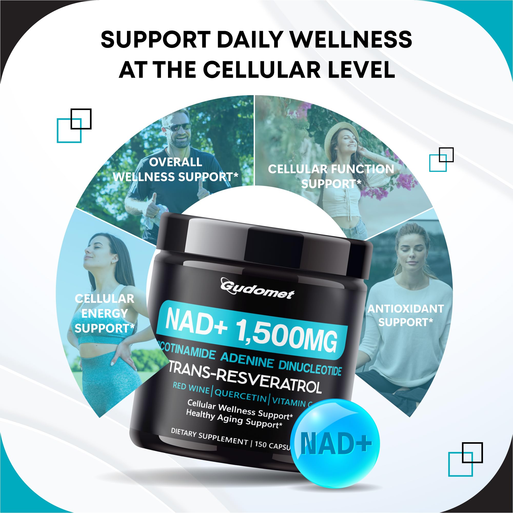 NAD+ with Trans-Resveratrol, Red Wine, Quercetin & Vitamin C – Supports Cellular Wellness & Healthy Aging-150 Capsules- Made in The USA