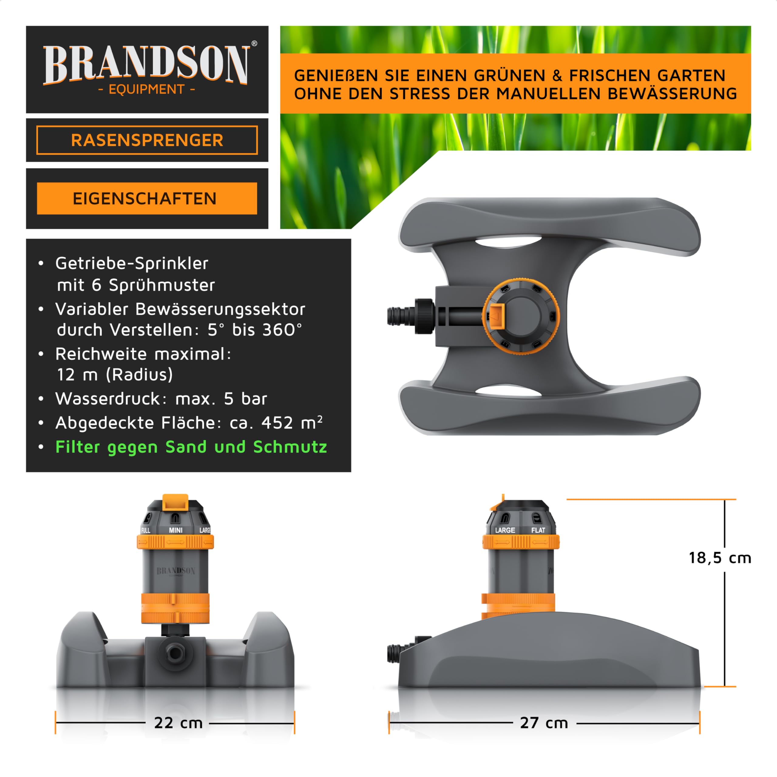 Brandson - Rasensprenger Viereckregner 3/4 Zoll – 6 Sprühmuster – für große Flächen - Einstellbare Sprühhöhe - Oszillation Funktion 360 Grad – Garten Rasensprinkler