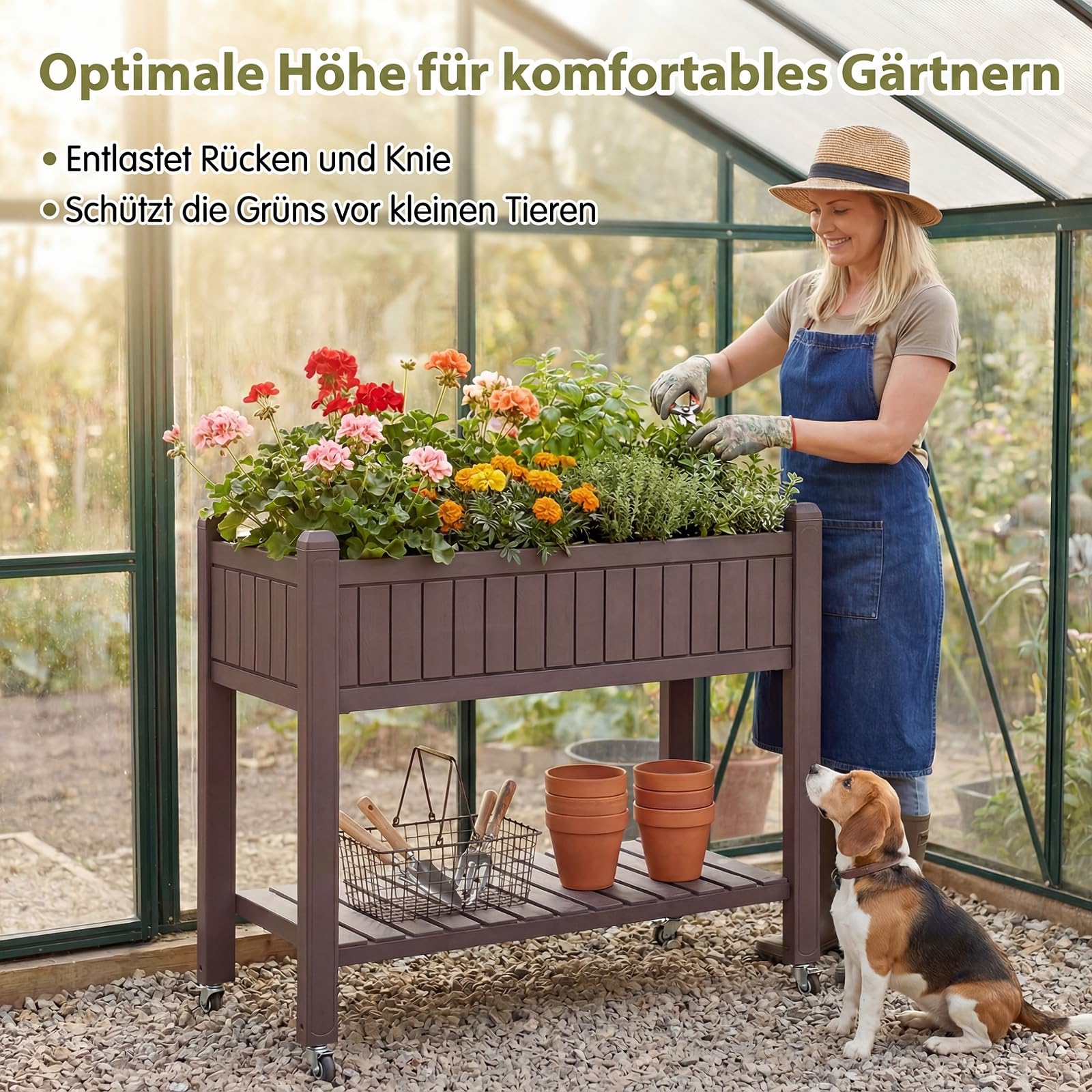 GOPLUS Hochbeet mit Rollen & Ablageregal, erhöhtes Gartenbeet mit Ablauflöchern, wasserfester Pflanzkasten aus Kunststoff & Metall, Kräuterbeet für Garten, Balkon & Terrasse, 108 x 44 x 88,5 cm