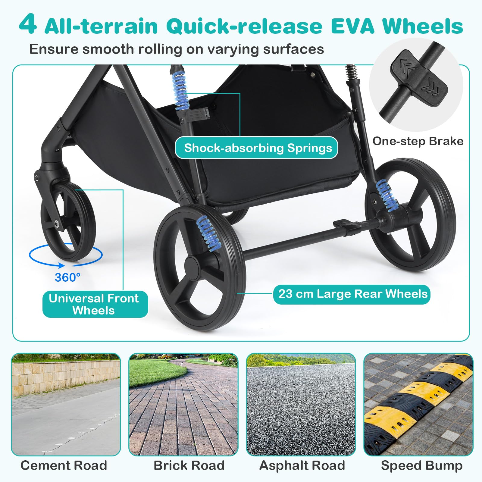 COSTWAY 3 in 1 Baby Stroller, Foldable Travel System Pram with Reversible Seat, Adjustable Canopy & Backrest, Mesh Net, Storage Basket, Lightweight Infant Newborn Pushchair for 0-36 Months (Black) - 5