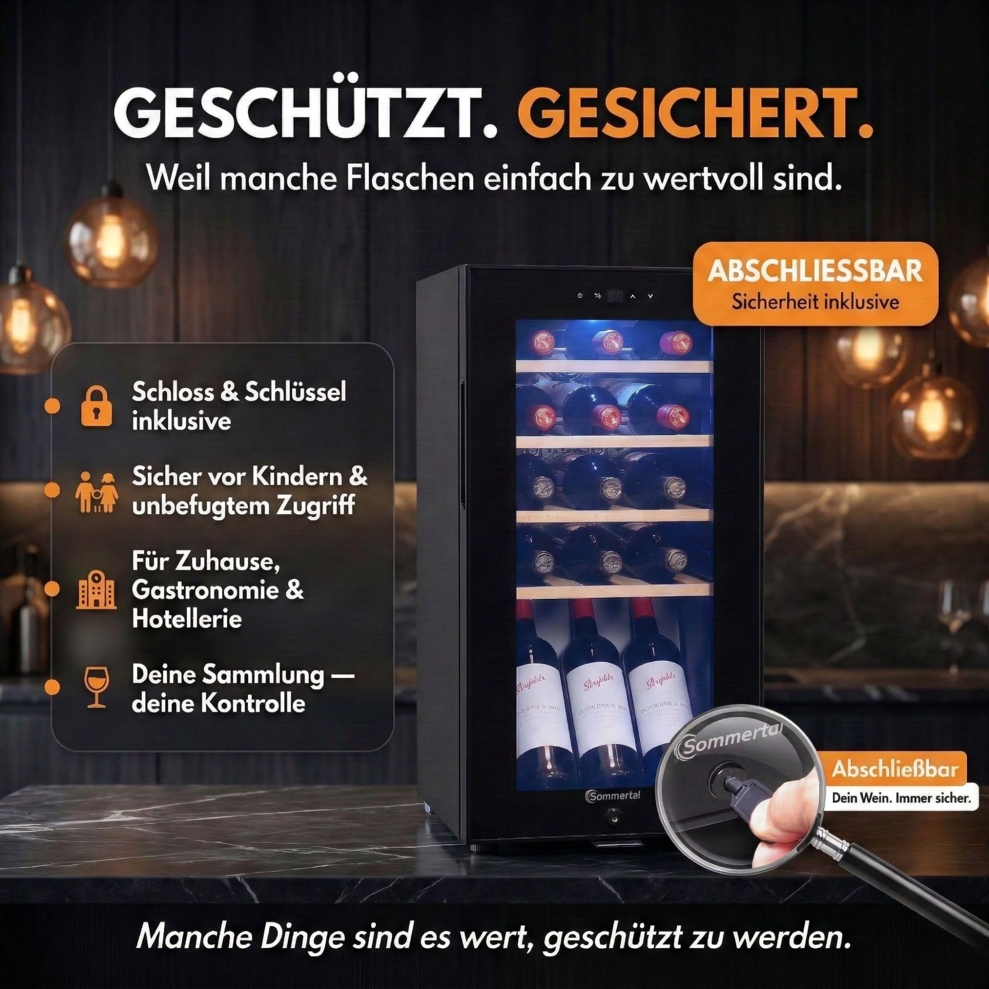 Sommertal Frigorifero per vino con porta in vetro WK50 – 15 bottiglie, regolabile 5–20°C, bloccabile, illuminazione a LED, porta in vetro, touchscreen, 4 ripiani in legno, silenzioso e a risparmio