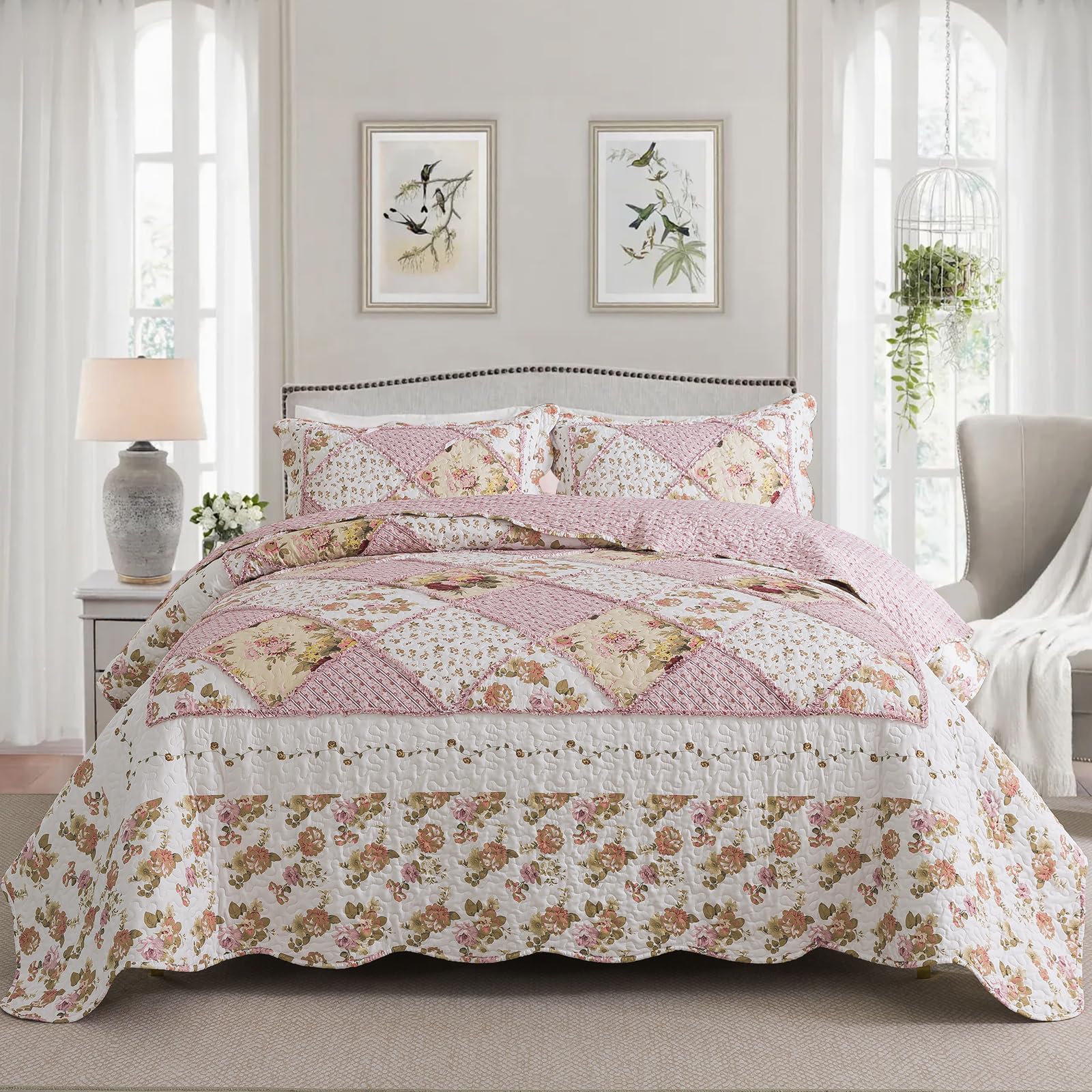 NEWLAKE Quilt Set King Size, Bedspread Sets Pink Botanical Floral, Reversible Quilt Bedding Set Lightweight and Breathable for All Seasons, Soft Quilted Bedspread with 2 Pillow Shams