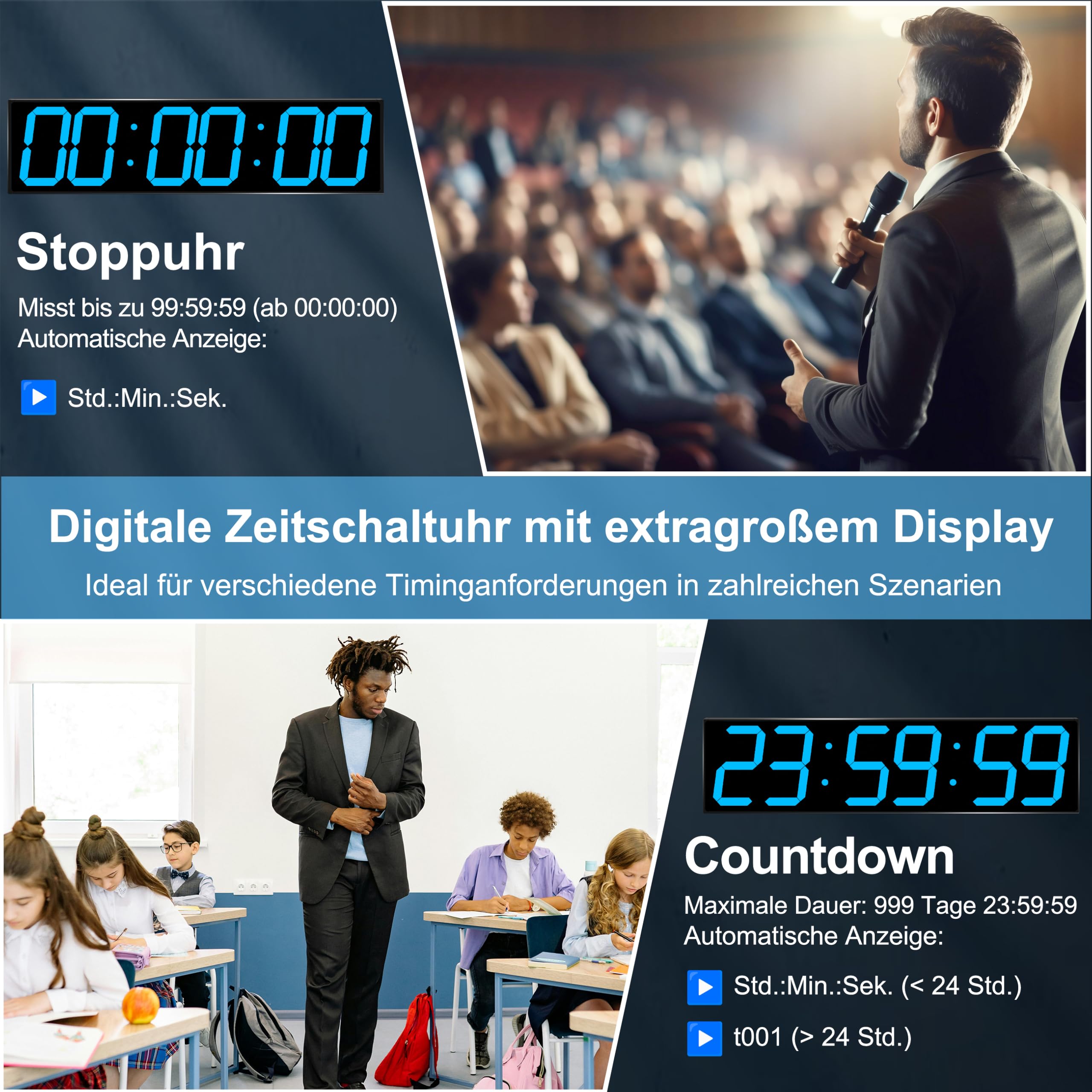 CHKOSDA XXL Große LED Digitale Wanduhr 70cm mit GPS Zeitsynchronisation | Ohne WLAN. 50m Lesbarkeit, Fernbedienung, 8-stufige Helligkeit, Timer, Netzbetrieb für Büro, Fitnessstudio & Schule. Eisblau