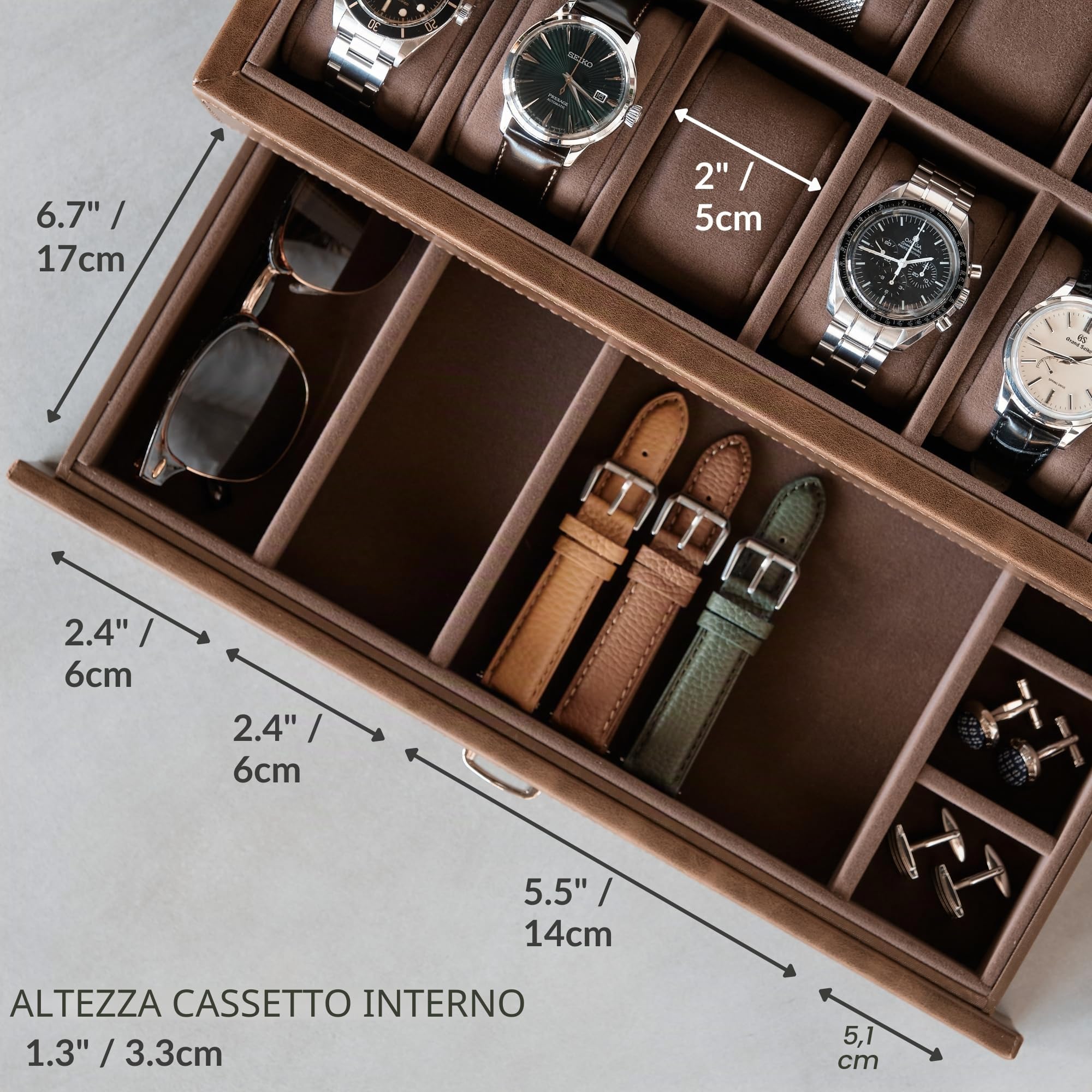 TAWBURY Scatola Porta Orologi con 12 Scomparti e Cassetto – Porta Orologi Uomo in Pelle Vegan | Espositore Orologi di Grandi Dimensioni | Marrone
