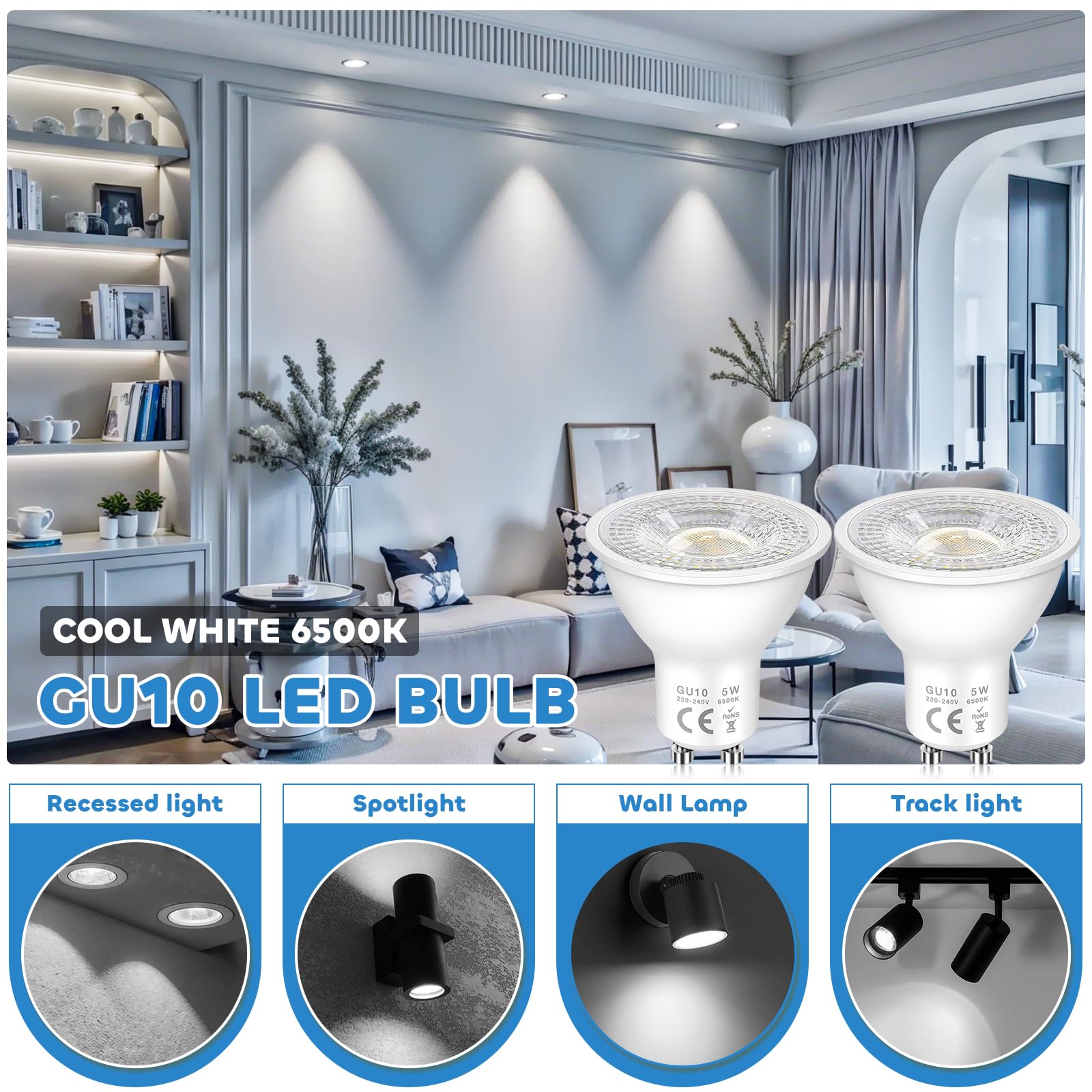 GU10 LED 5W Spotlight Bulbs, Cool White 6500K, Energy Saving LED Bulb, Equivalent 50W Halogen Spot Bulbs, 500LM - Image 4