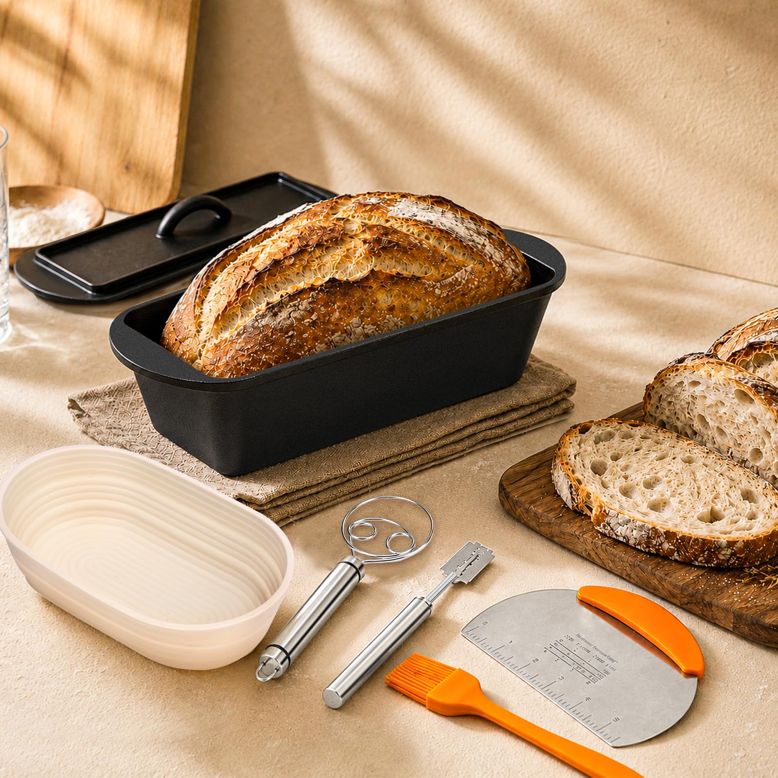 QuliMetal Molde ovalado de hierro fundido con tapa, molde para hornear pan artesanal de masa madre, pre-sazonado, 3.2 cuartos de galón, con kit de inicio de masa madre, molde para hornear pan