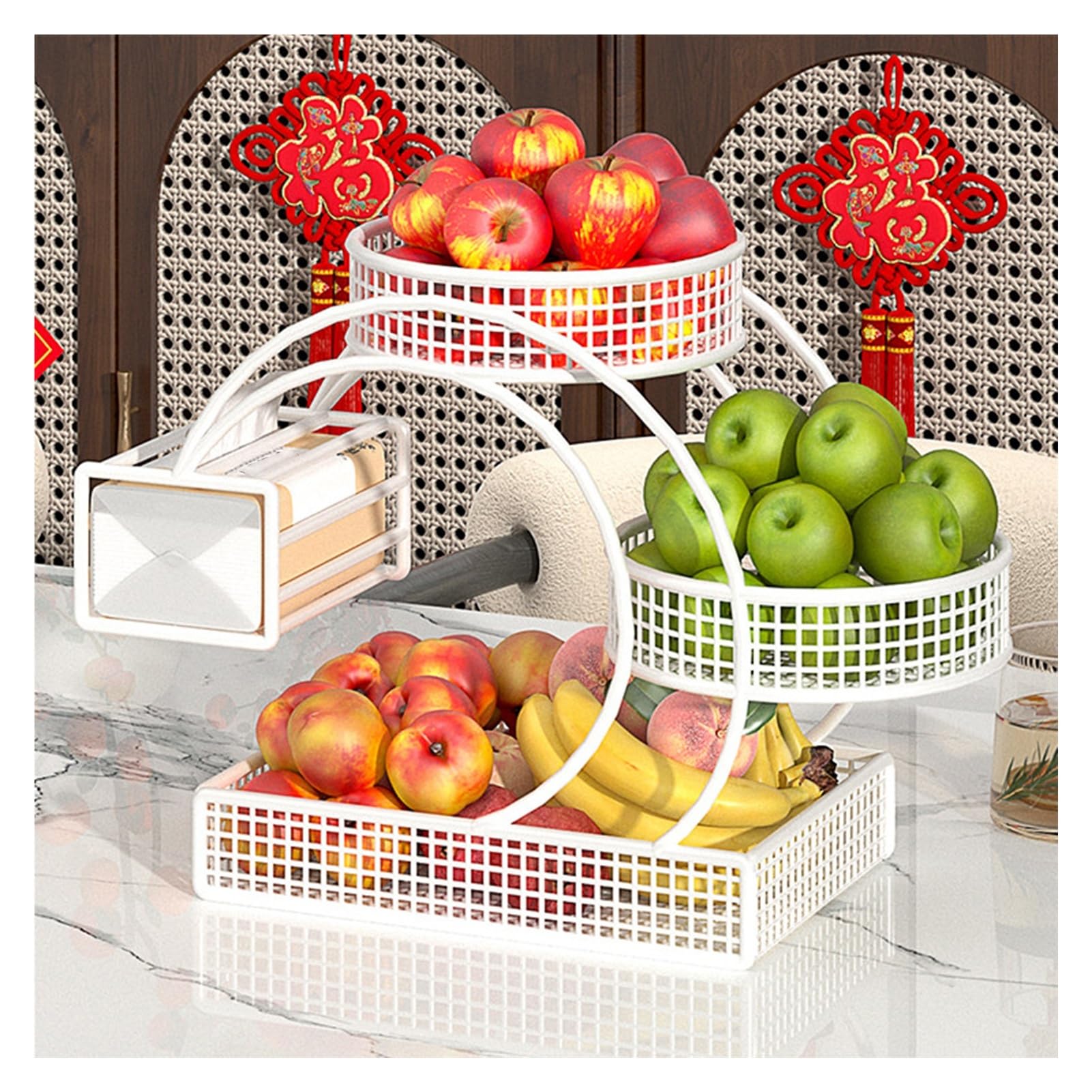 XCSDEW Wrought Iron Pastry Rack,Floor-standing Shelf,Hollow Fruit Storage Box,With Tissue ,Suitable for Living Room Use(White)