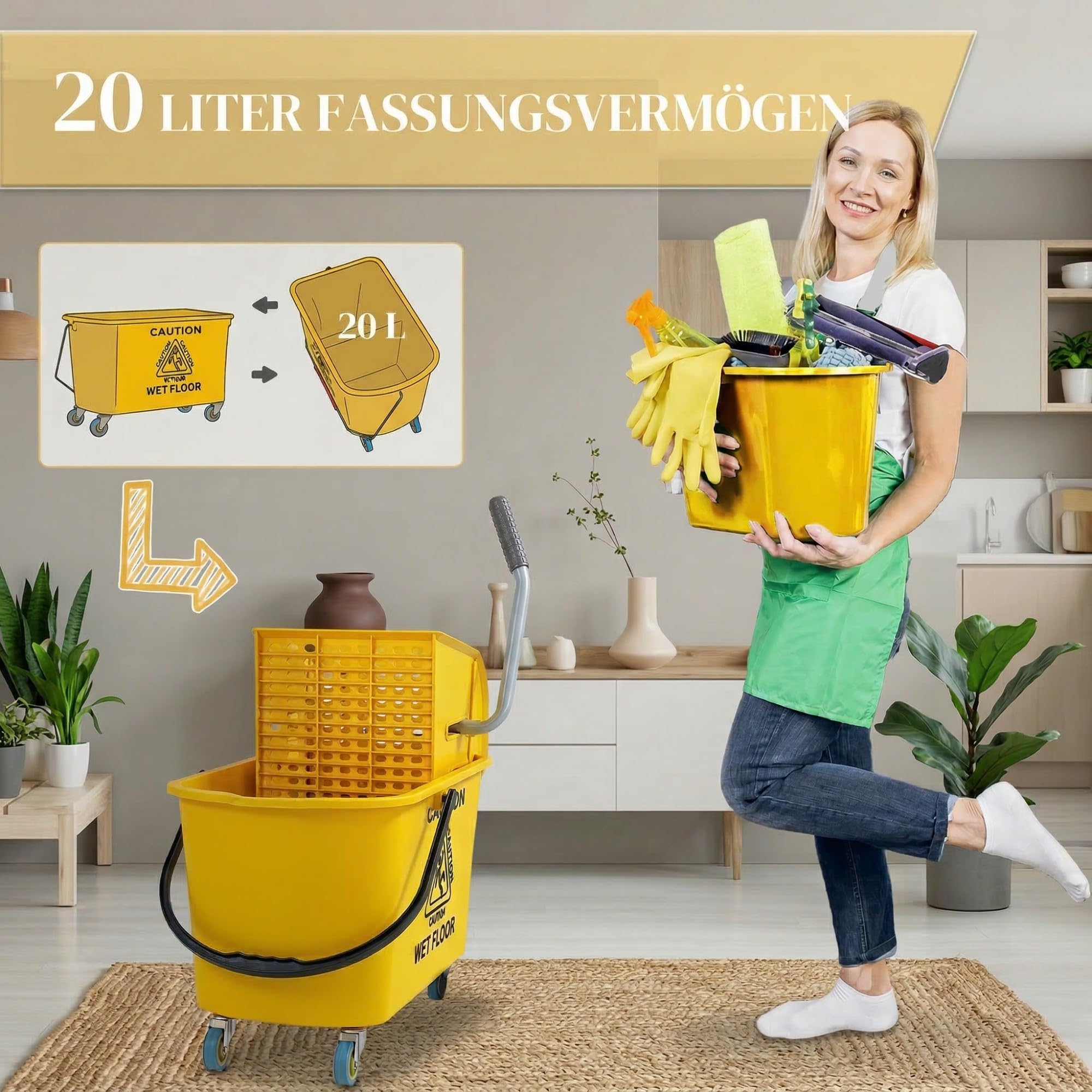 HOMCOM Reinigungswagen 20L mit Presse und Kehrgarnitur, Putzwagen Eimer mit Mopp und Rolle, Gelb