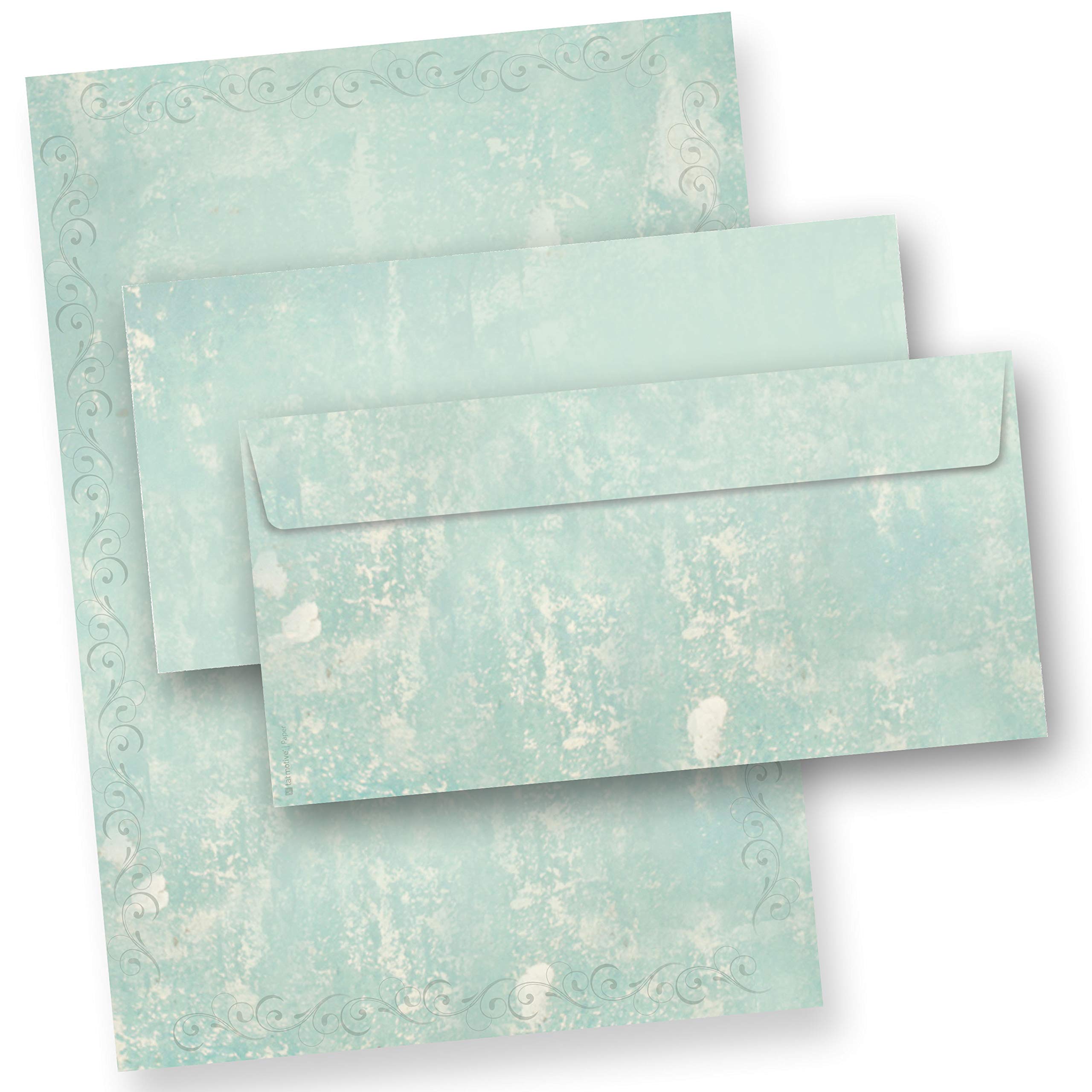 Briefpapier Set Türkis Grün marmoriert (250 Sets) Vintage A4 297 x 210 mm 90 g/qm mit Umschläge