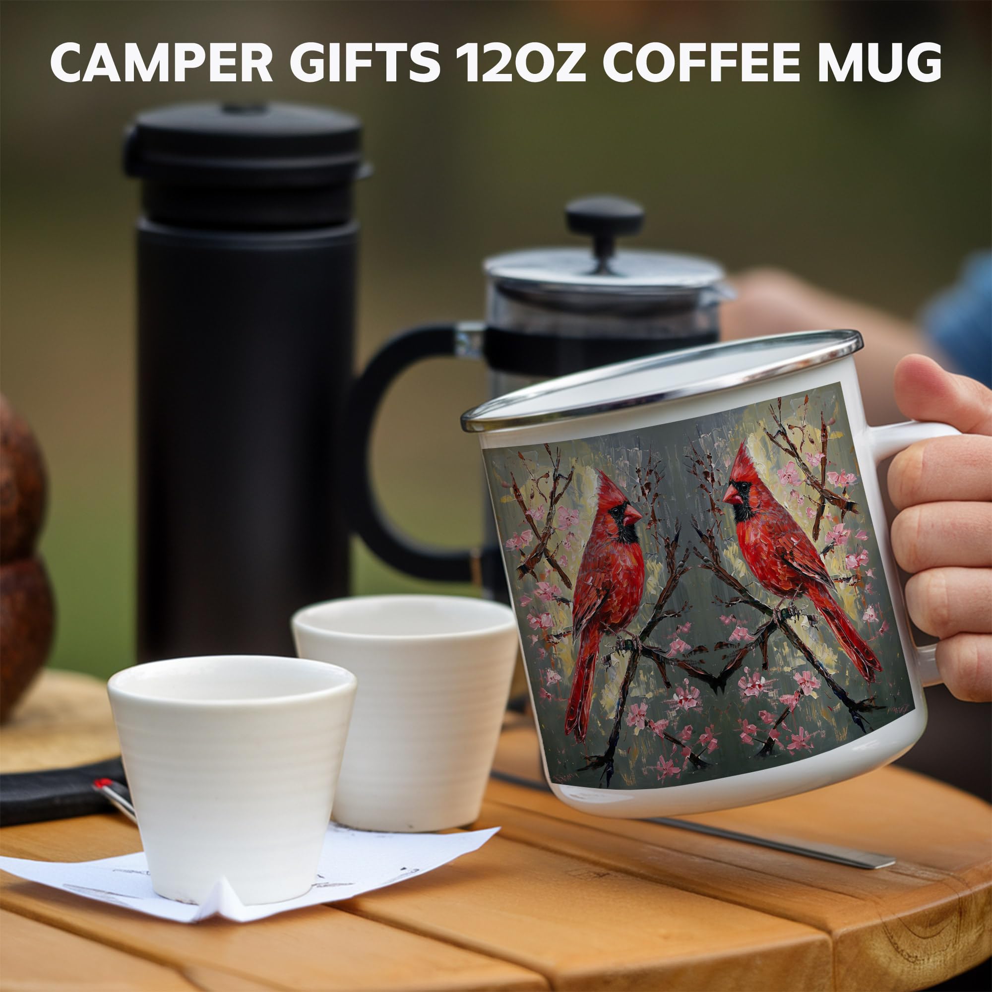 The Home Champs Red Cardinal Birds Camping Mug, 12oz Mug Spring Cherry Blossom Bird Lover Gift, Enamel Campfire Cup for Outdoor Hiking Travel Nature Enthusiasts, Rustic Artistic Design