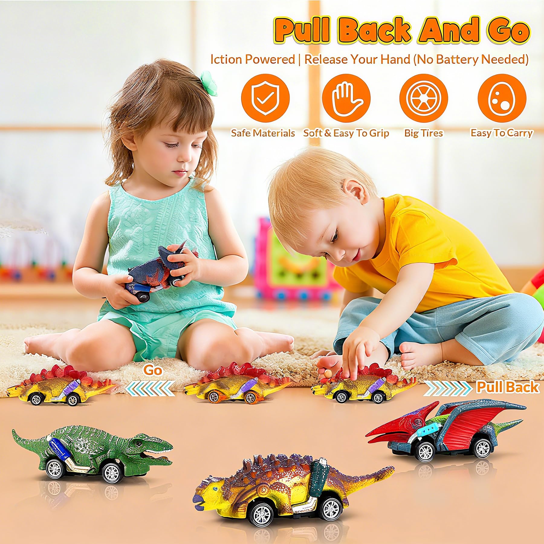 Jojoin Dinosauri Macchinine Giocattolo per Bambini - 6 Pezzi Dinosauro Giocattolo Tirare Indietro Auto con Tappetino attività - Regalo per Bambini 2 3 4 5 6 Anni Ragazzo e Ragazza - Pasqua Regalo