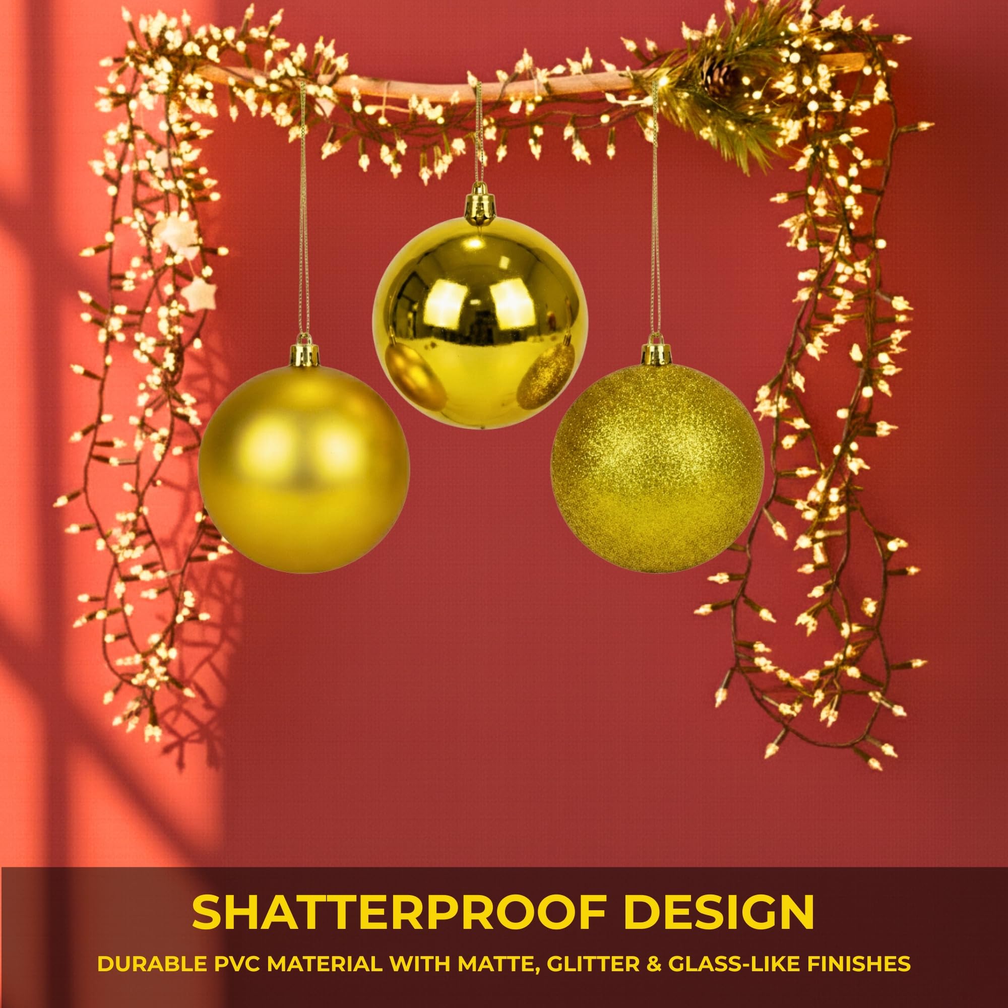 Juego de 3 Bolas Grandes de Oro Profundo de PVC inastillables de 25 cm, Acabado Brillante, Mate, con Acabado Brillante, Adornos Surtidos para Colgar en el árbol de Navidad, Adornos Redondos para