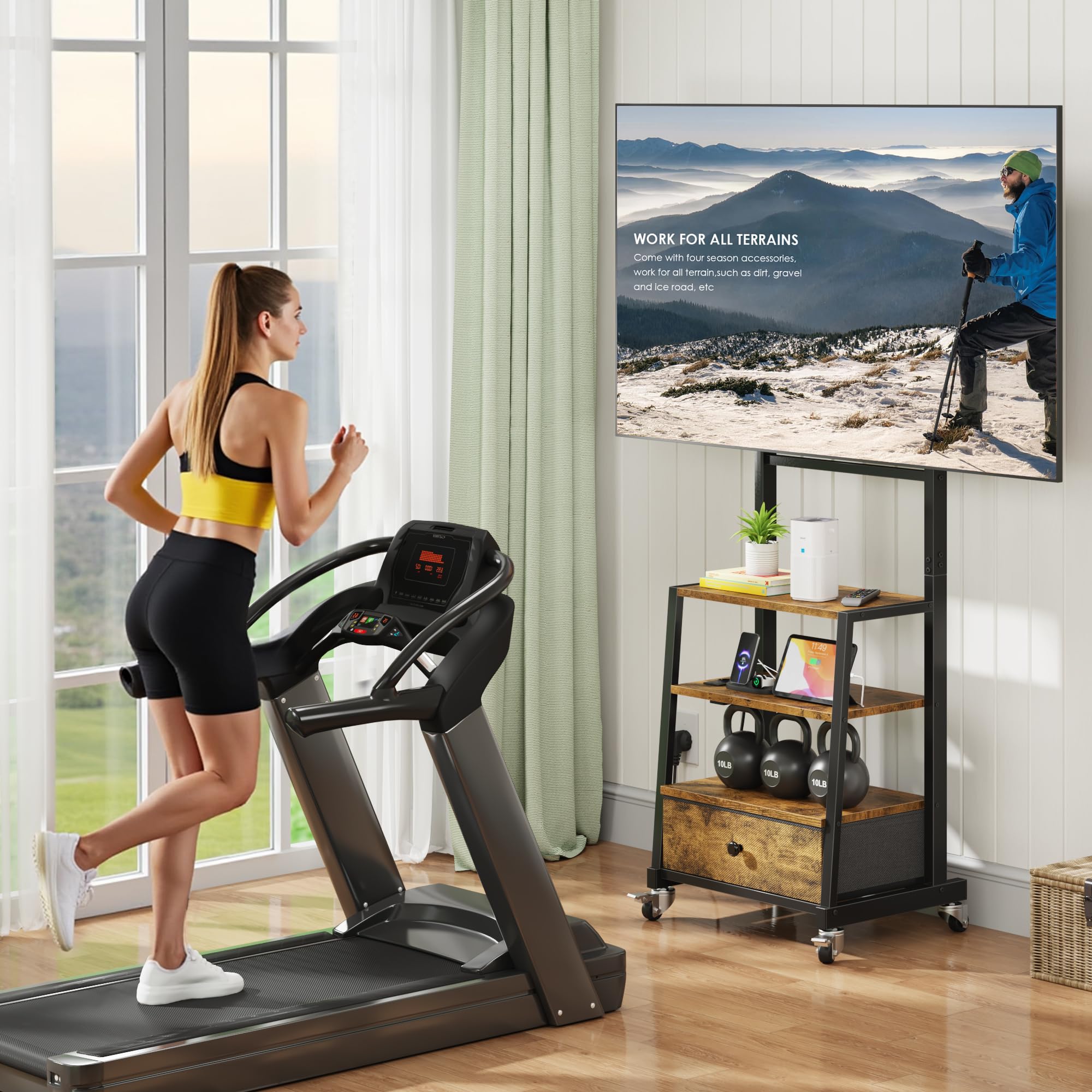 Supporto TV da Pavimento con Ruote per TV 32-75 Pollici, Marrone | Presa di Corrente e USB | 3 Ripiani | Cassetto in Tessuto | Altezza Regolabile | Max VESA 600x400 mm | Carico 50 kg