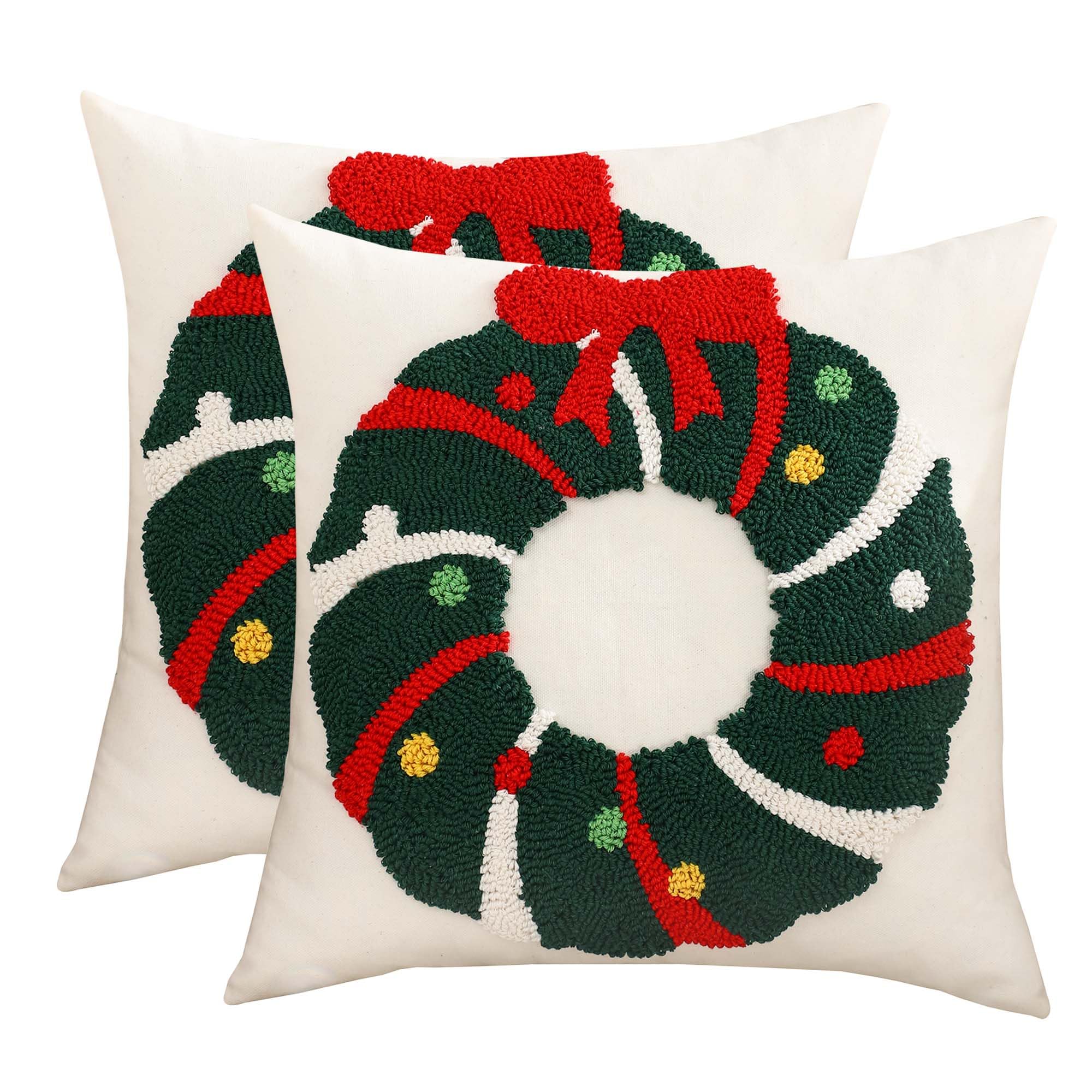 Tosleo Set di 2 federe natalizie con ghirlanda natalizia con fiocco, 45,7 x 45,7 cm, decorazioni natalizie a ciambella, in cotone, per divano, letto