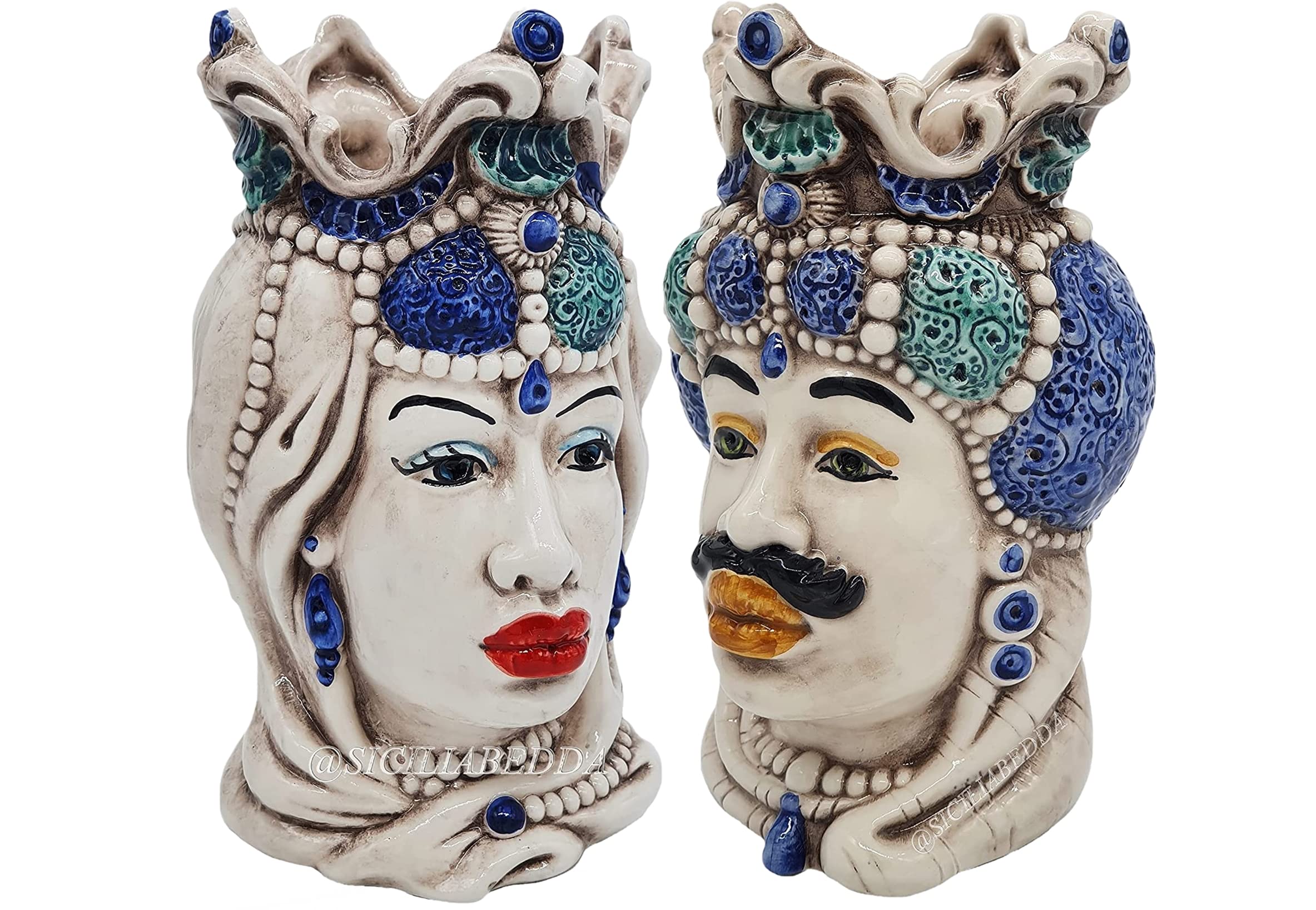 sicilia bedda - Teste di Moro Siciliane in Ceramica di Caltagirone - Realizzato Interamente a Mano - Altezza 18 Centimetri (Coppia Teste di Moro Blu)