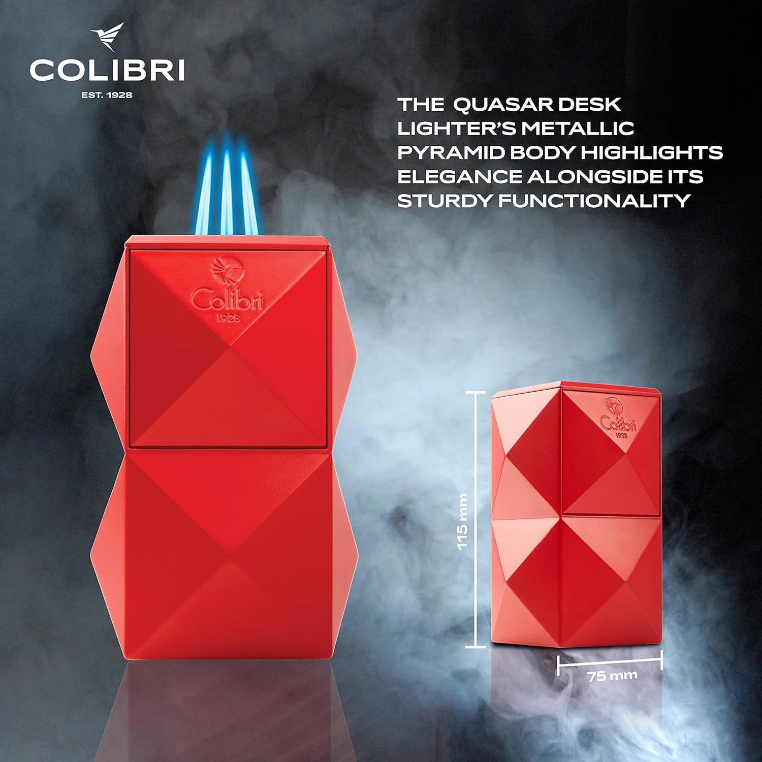 Colibri Quasar Table Triple Flame Torch Lighter, Cigar Enthusiast's Choice with Blue Fuel Window, Adjustable Flame, Non-Slip Base (Red)