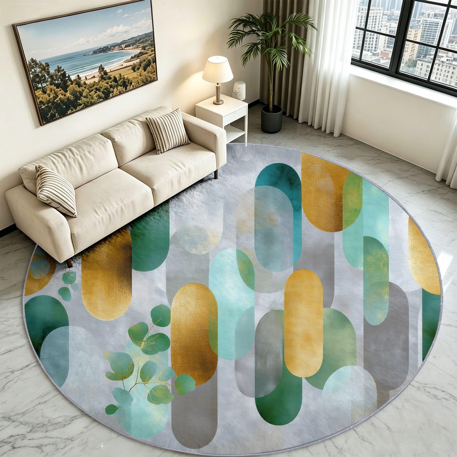 Tapis Enfant Rond Chambre d'enfant Filles Garçons, Plantes Modernes Tapis Rond Lavable & Antidérapant pour Salon Chambre Cuisine Salle à Manger Chambre (100 cm, Ellipses Géométriques)