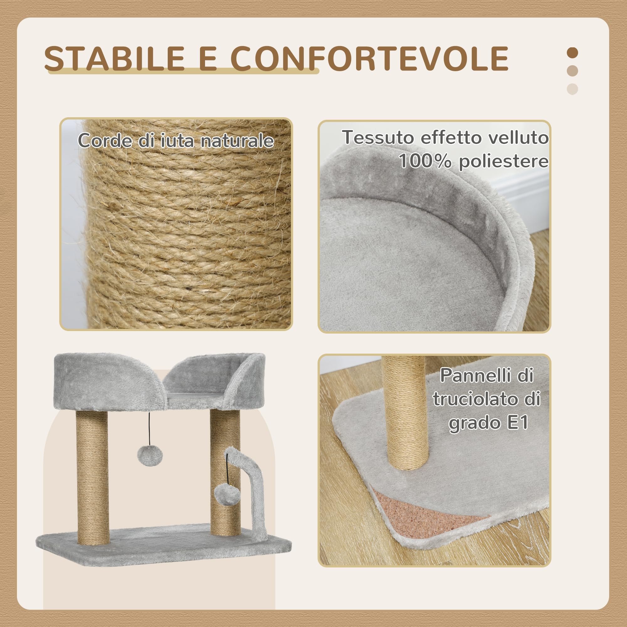 PawHut Torre per Gatti max 5kg con Tiragraffi in Juta, Albero per Gatti con Palline Giocattolo e Rivestimento in Peluche, 48x38x42 cm, Grigio