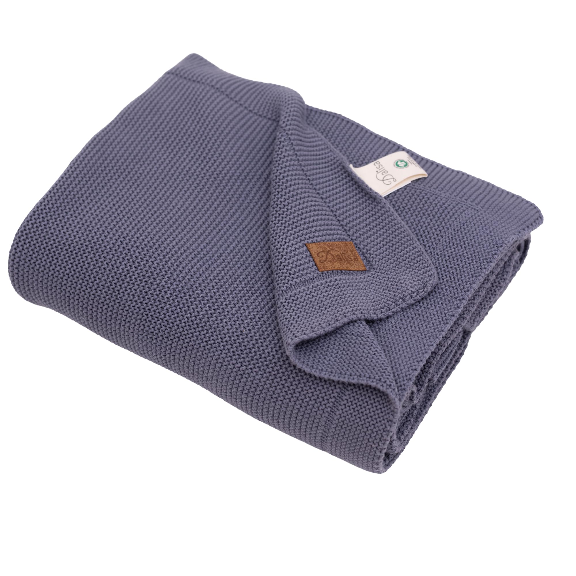 Dalisa Organic Turkish Cotton Throw Blanket 130 x 150 cm, Grey Blue – GOTS Certified, Soft Knit for Sofa & Bed, Boho Vintage Design, Machine Washable