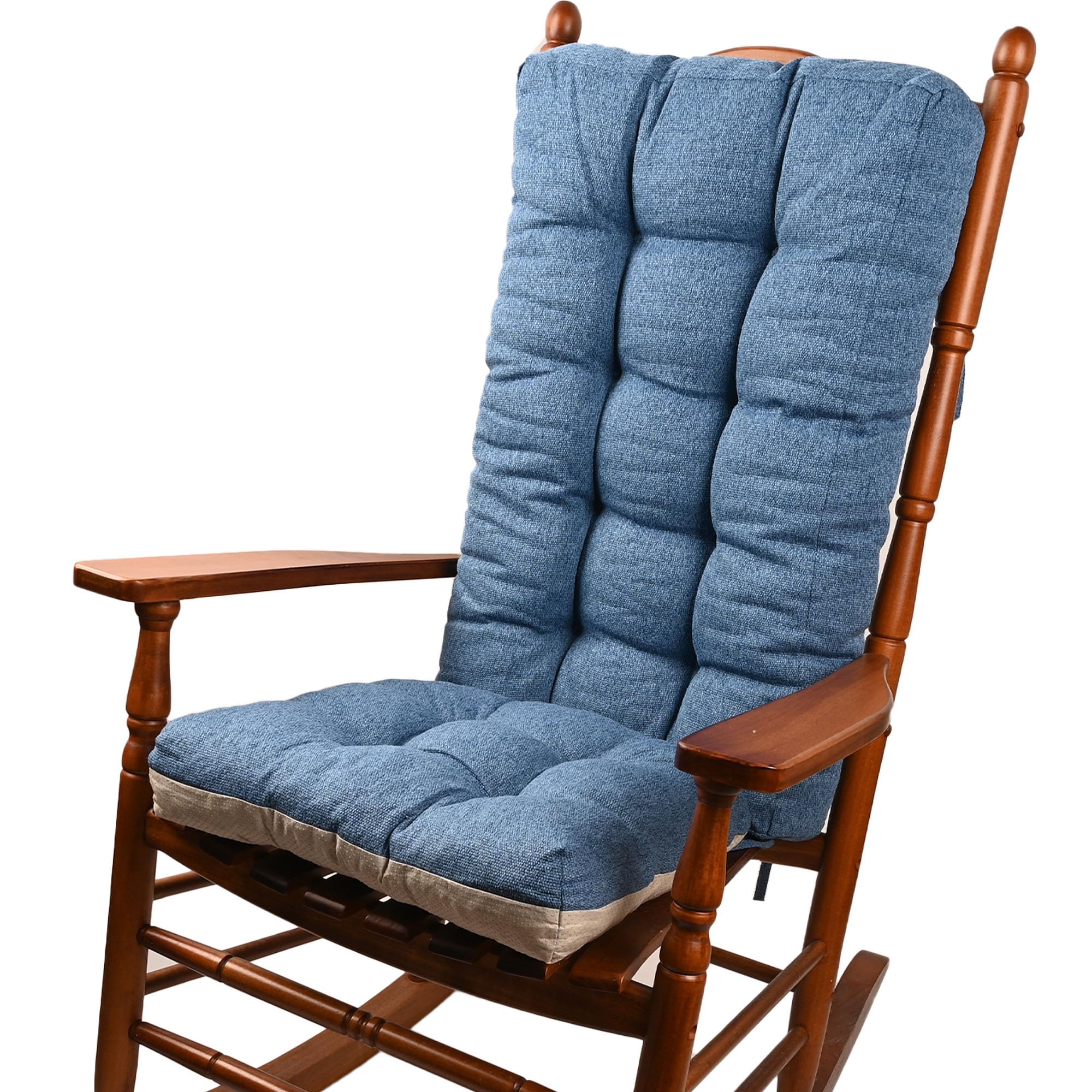 KGPLOME18 in Jumbo Rocking Chair Cushions with Ties,Non-Slip Durable Linen Pads Thick Padding and Tufted Design for Living Room Rocker (Blue, Set of Seat & Back Cushion)