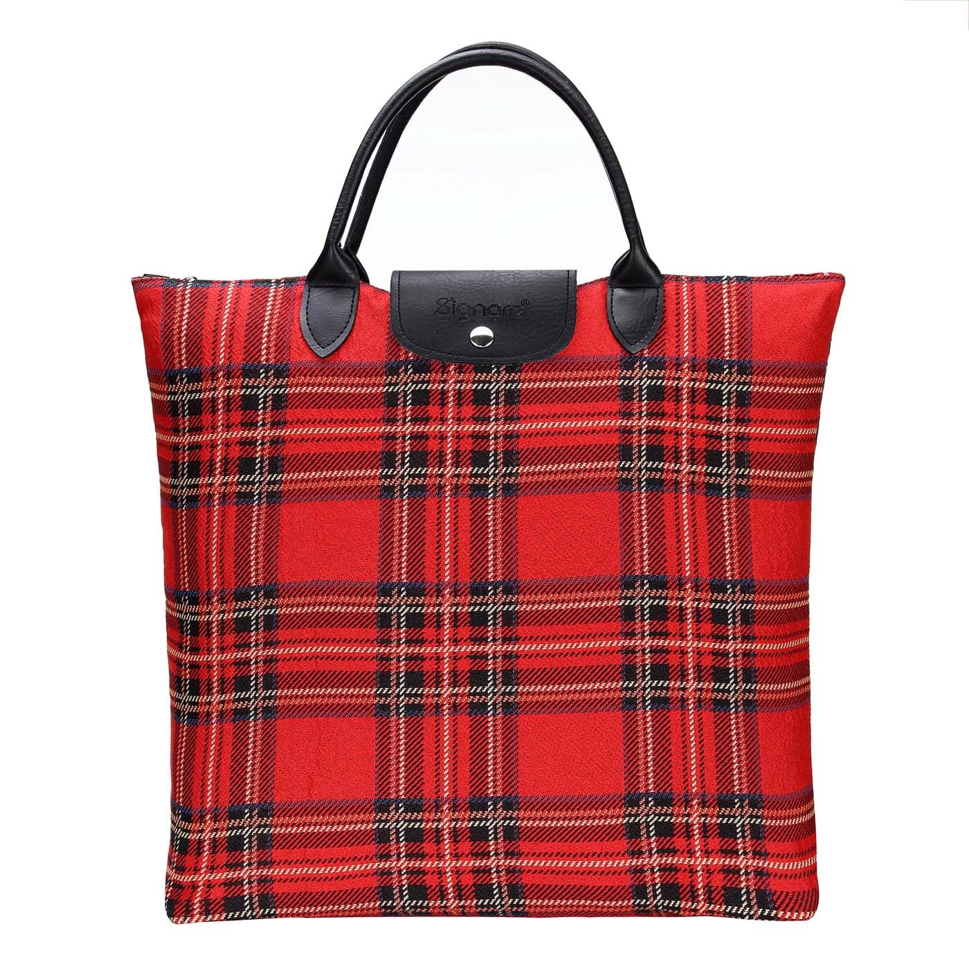 Signare Tapestry Foldable Tote Bag Reusable Shopping Bag Grocery Bag with Mexican Folk Art Design (Royal Stewart Tartan)