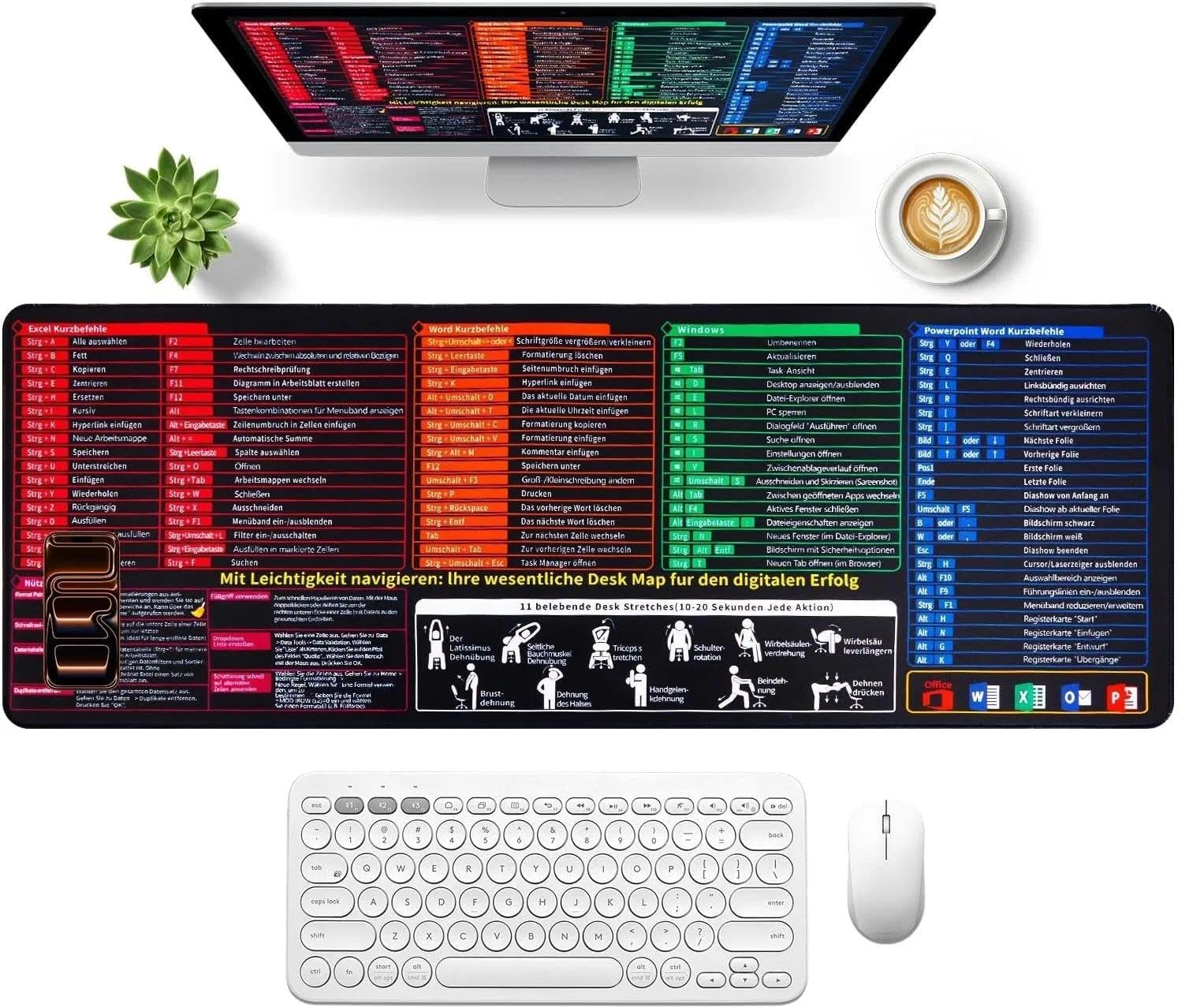 Excel Mouse Mat German 800 x 300 x 3 mm XXL Mouse Mat Large with Excel Shortcuts Desk Mat Non-Slip Gaming Mouse Mat Desk Mat