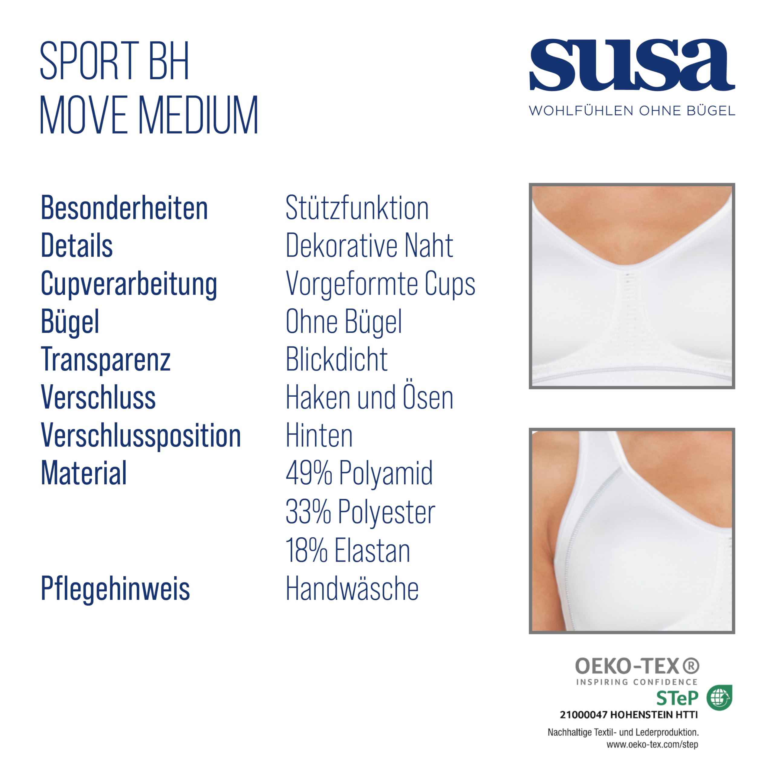 Susa Sport BH Damen ohne Bügel Move medium I Damen-BHS mit vorgeformten Cups I Sport Crop Top BH I Starker Halt I Transportiert Schweiß zuverlässig ab I weiß I 85C