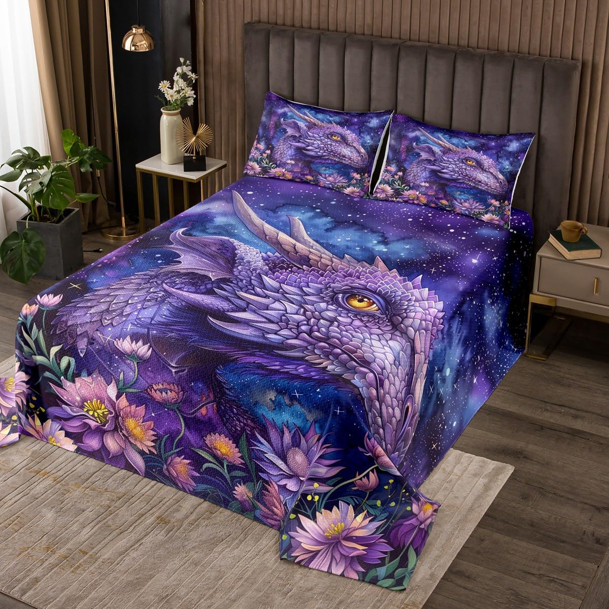 Manfei Western Dragon Kids Bedspread King Size,Glitter Starry Sky Flowers Romantic Coverlet Set,Boys Girls Room Decor,Wildlife Ancient Animal Quilted Coverlet,Purple Bedding Quilt,2 Pillowcases