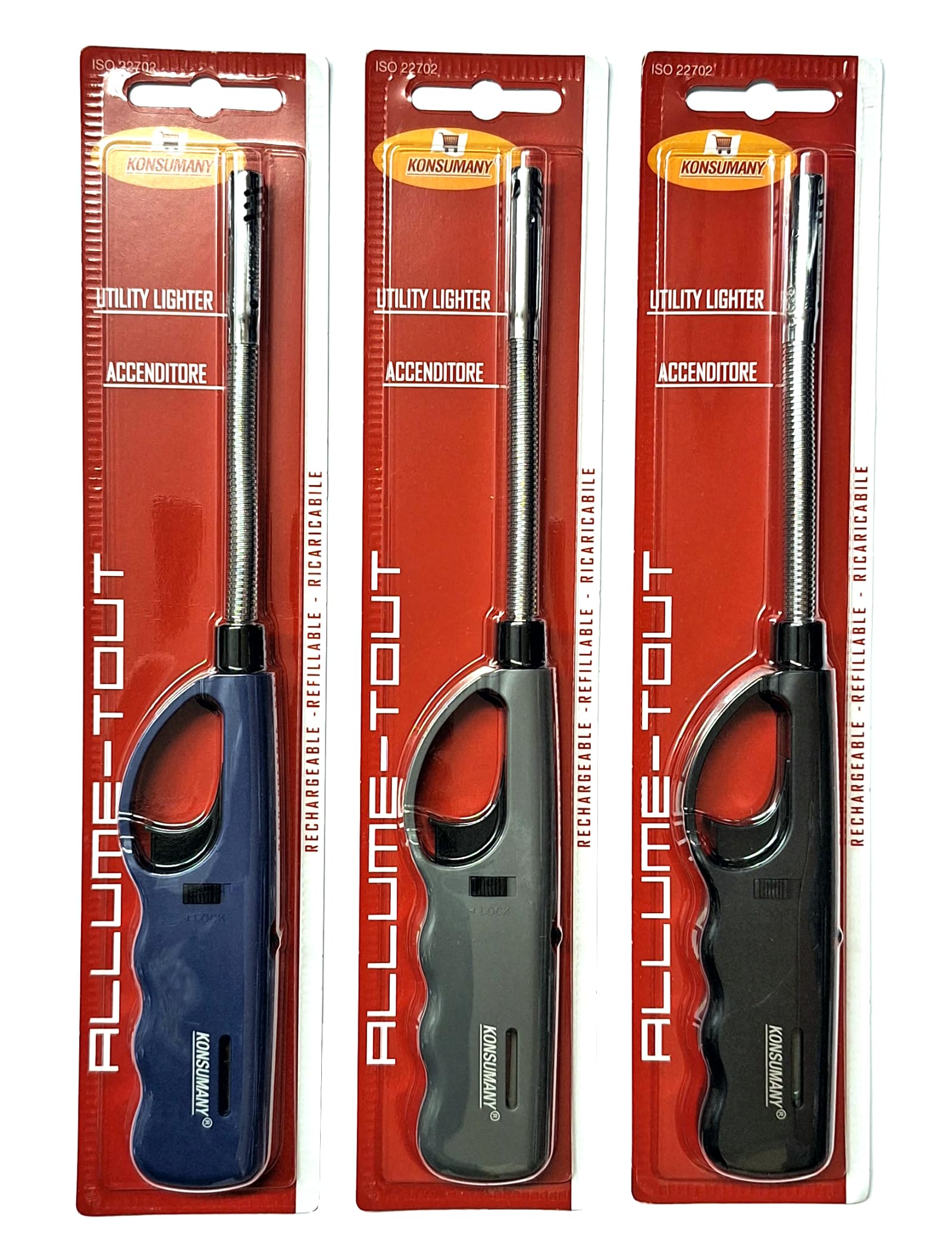 3 Stück KONSUMANY Stabfeuerzeug biegsam flexibel Gas Feuerzeug 26,5cm Lang Nachfüllbar (1x Grau, 1x Blau, 1x Schwarz)