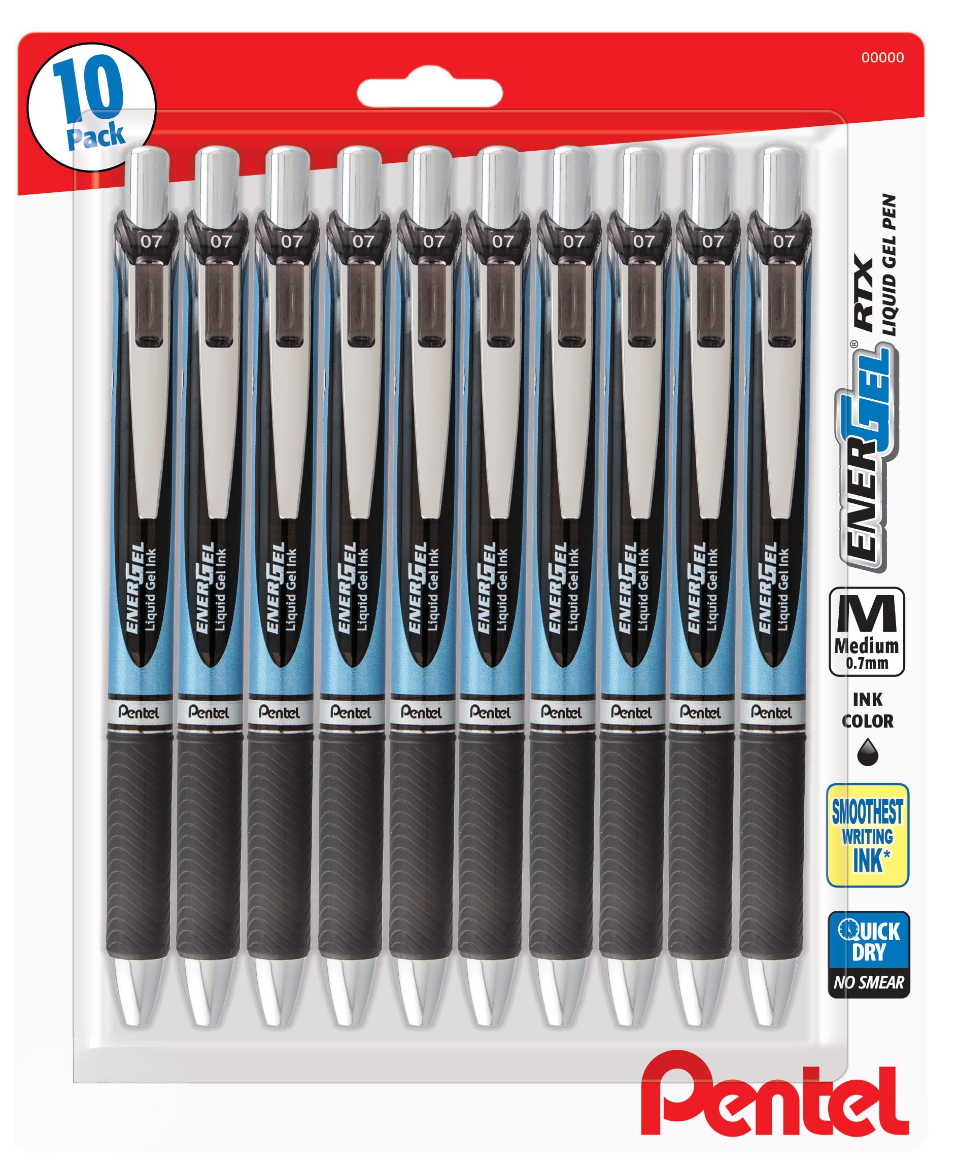 EnerGel RTX Retractable Premium Liquid Gel Pen, (0.7mm) Needle Tip, Ultra Smooth, Medium Line, Black Ink 10 Pack