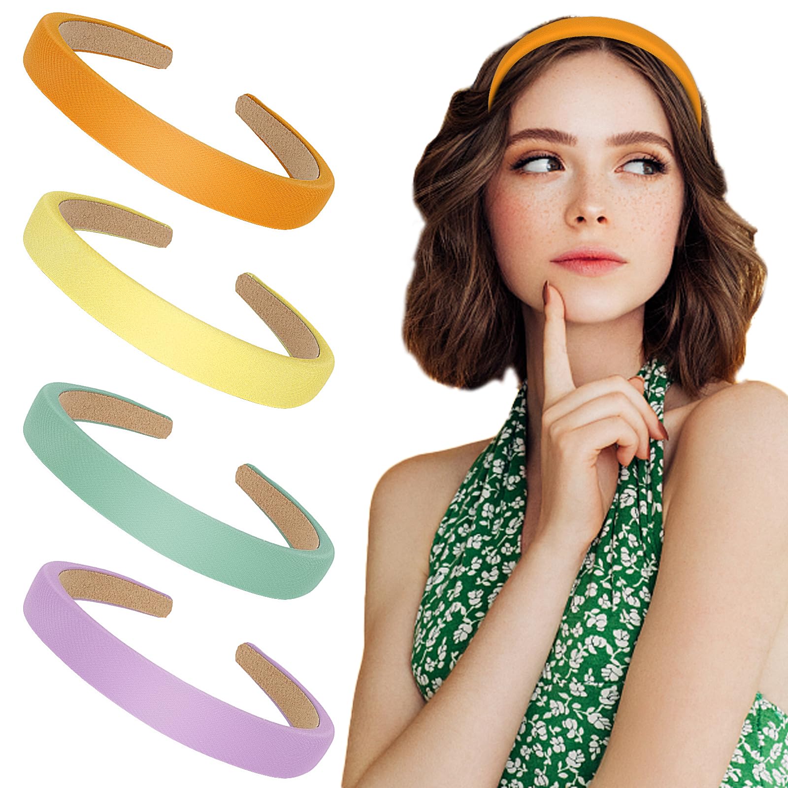 AralukyPadded Headbands for Women 4 Pcs Solid Color Headbands Fashion Fabric Headbands for Women Non Slip Headbands Purple Yellow Green Orange Dopamine Style Cute Headbands for Girls