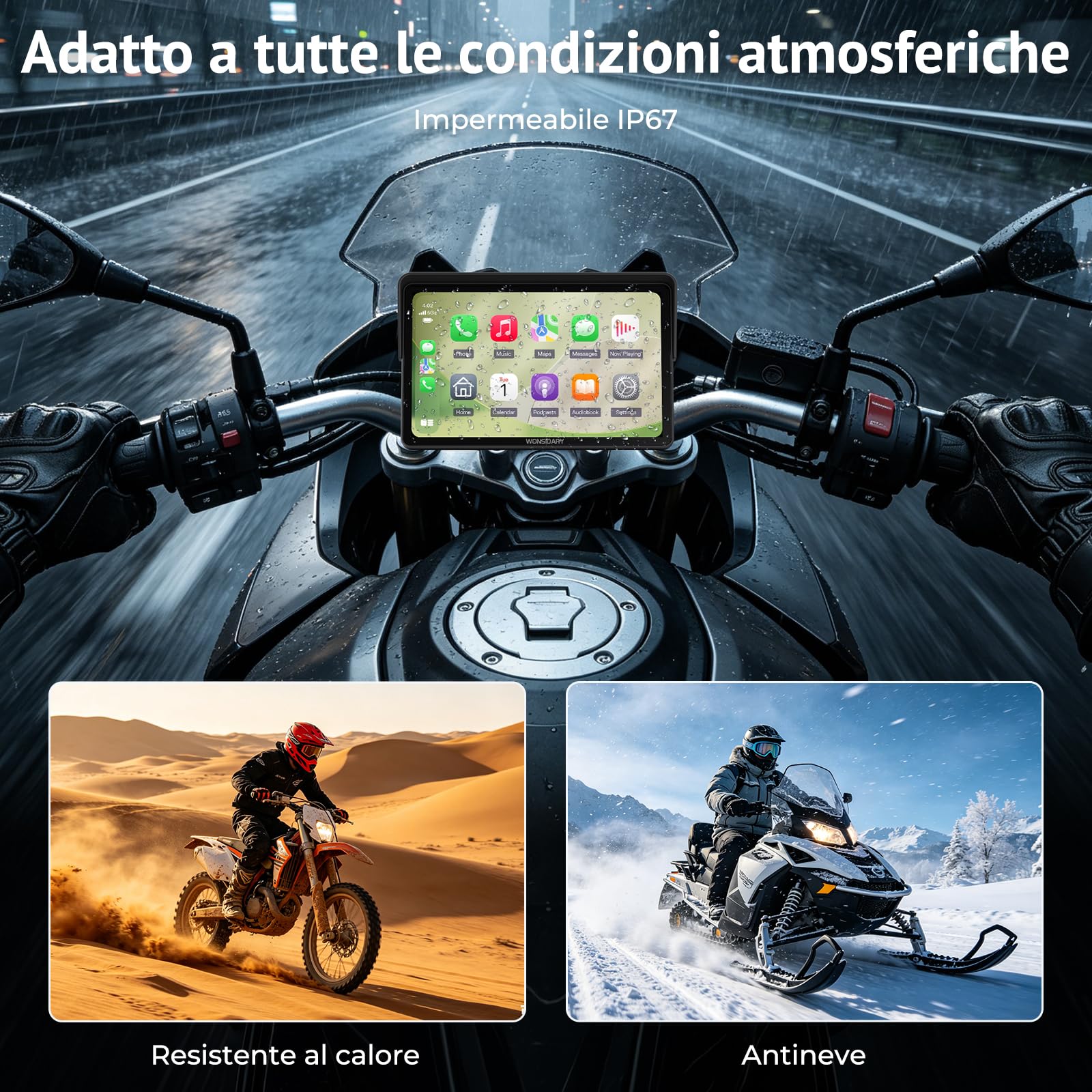 W722TPMS Schermo CarPlay Moto 7" Wireless con Android Auto Moto,TPMS,Display GPS Moto Impermeabile IP67,Audio Bluetooth Doppio,Controllo Vocale,EQ,Sensore di Luce,Alimentazione USB/ACC