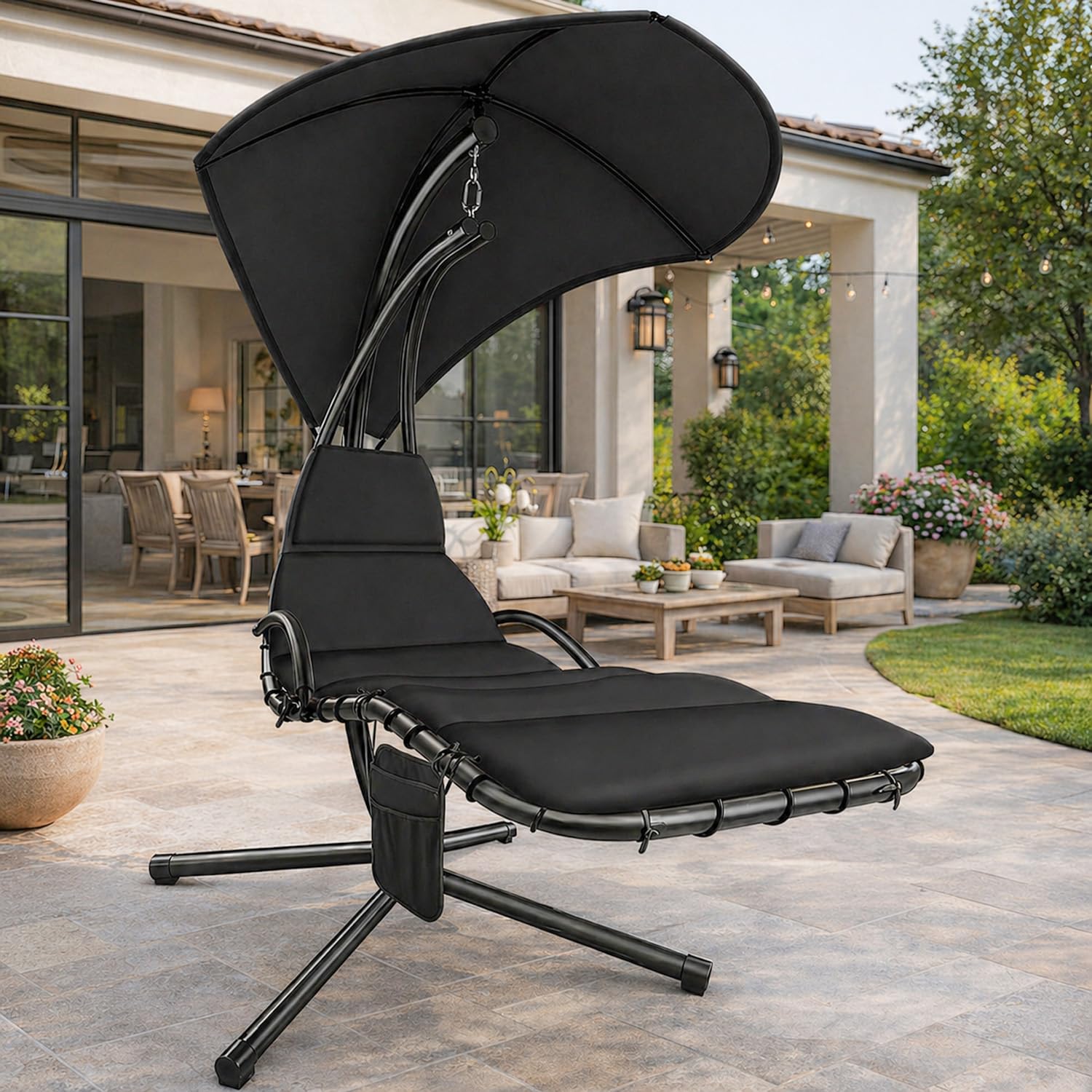 Sdraio Sospesa Con Ombrellone Parasole Integrato E Cuscino Imbottito Ergonomica Amaca Da Giardino In Acciaio E Poliestere Per Esterno Terrazzo E Bordo Piscina 195 x 132 x 197 Cm Nero