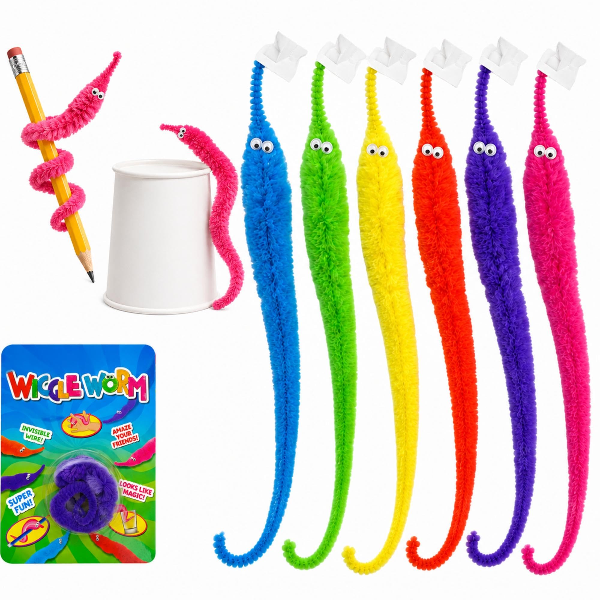 22cm Magic Twisty Wiggle Worm Toys with 30cm Invisible String 3x Random, Fuzzy Plush Worm on a String, Magic Trick Toy, Party Bag Fillers, Pocket Money Novelty Gifts for Kids & Adults
