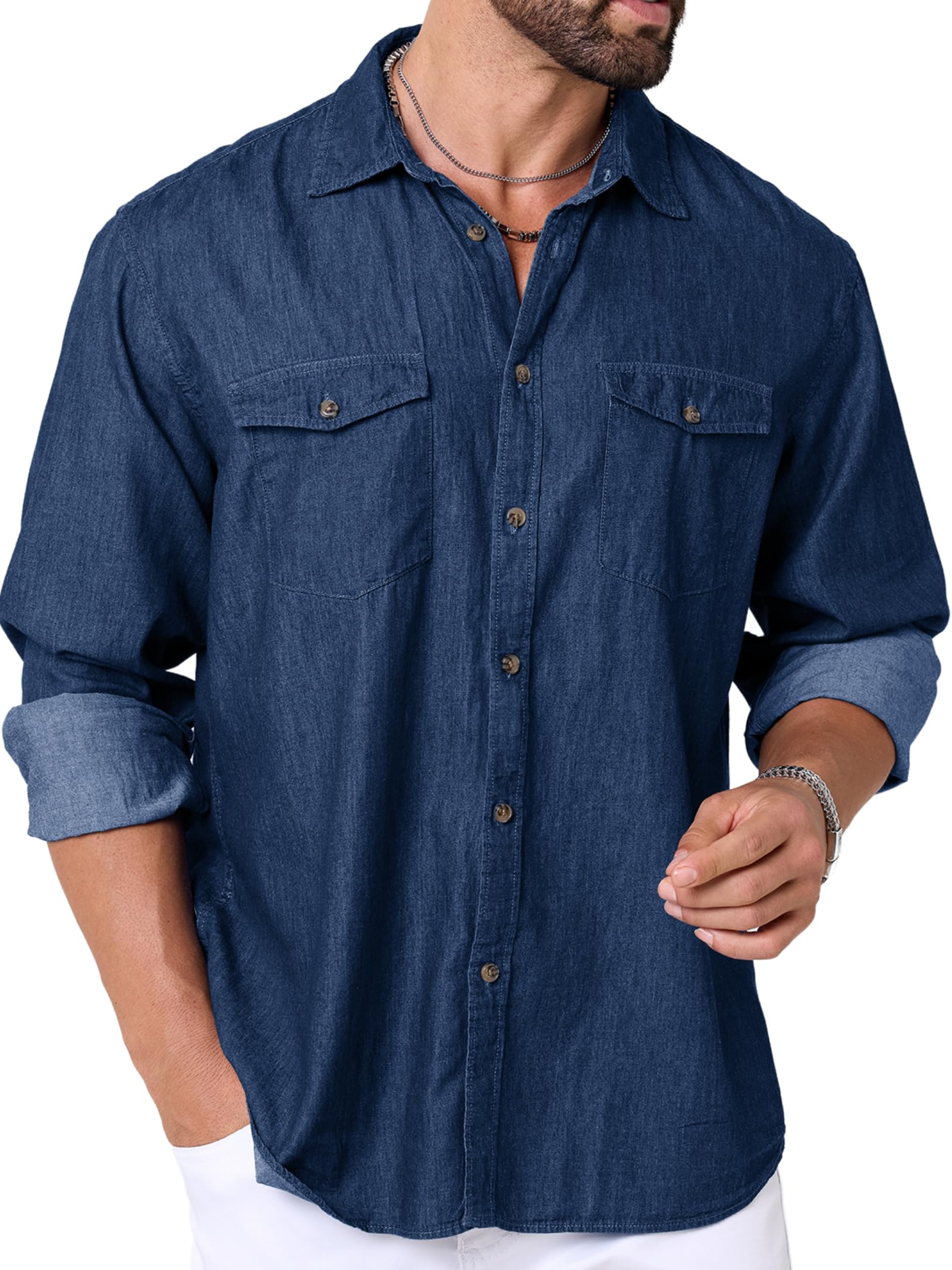 LUIGRAD Mens Button Up Shirts Long Sleeve Button Down Shirts with Two Pockets Work Shirts for Men