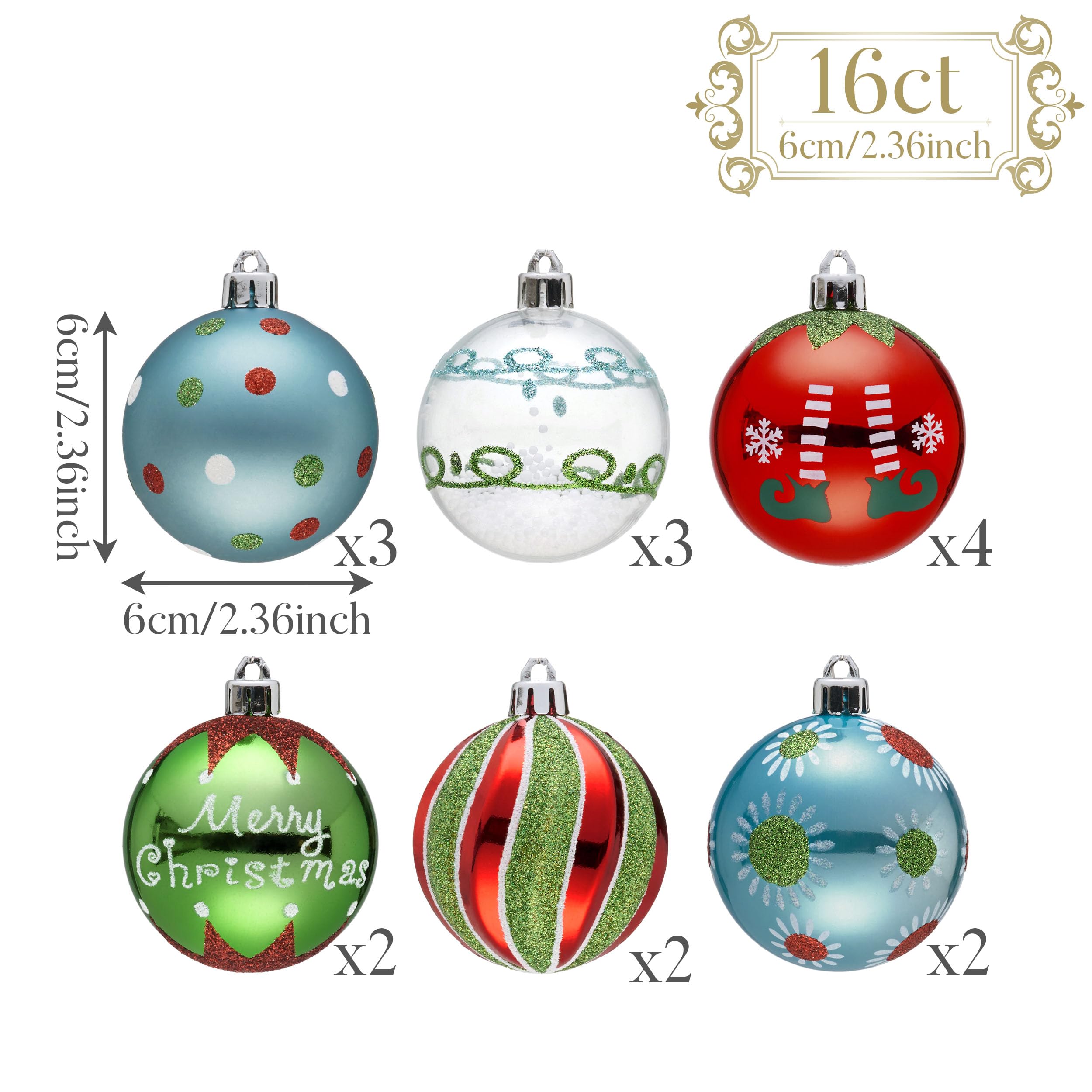 Valery Madelyn Lot de 16 boules de Noël incassables en forme d'elfe rouge, vert, blanc - 6 cm - Ornement décoratif fantaisiste à suspendre pour décoration de fête de Noël