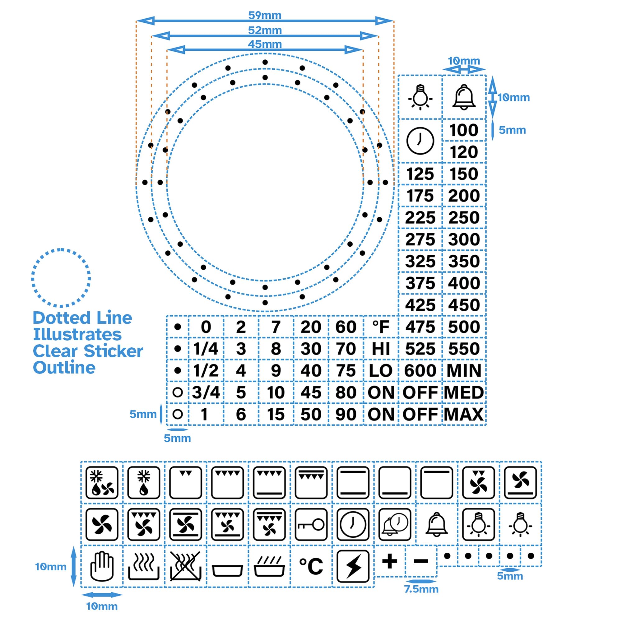 HALLMERS 36x Symbols + 45mm 52mm Dotted Dial Separate Custom Timer Fahrenheit Oven Temperature Decal Control Panel Labels (Black Print Clear Adhesive) Replacement Sticker Temp Knob Electric Gas Grill