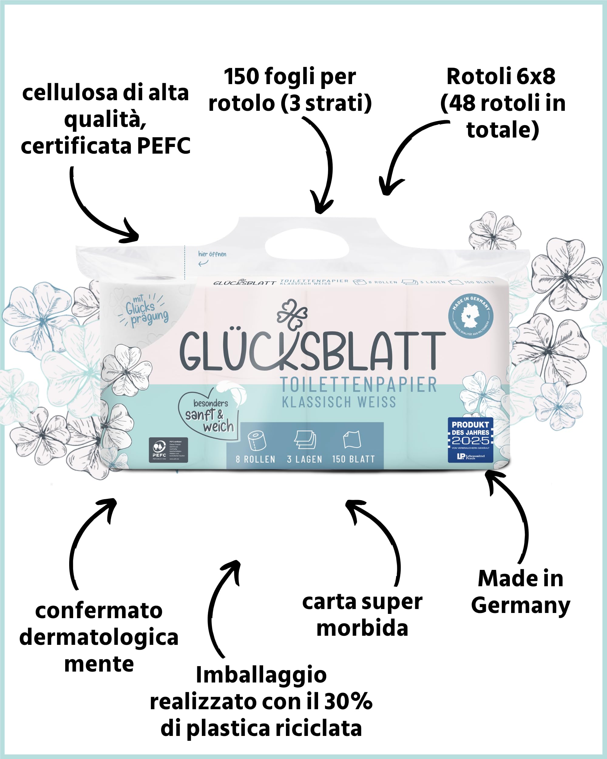 Glücksblatt carta igienica super morbida con goffratura fortunata, 3 strati, 48 rotoli x 150 fogli, 100% cellulosa, ideale per campeggio