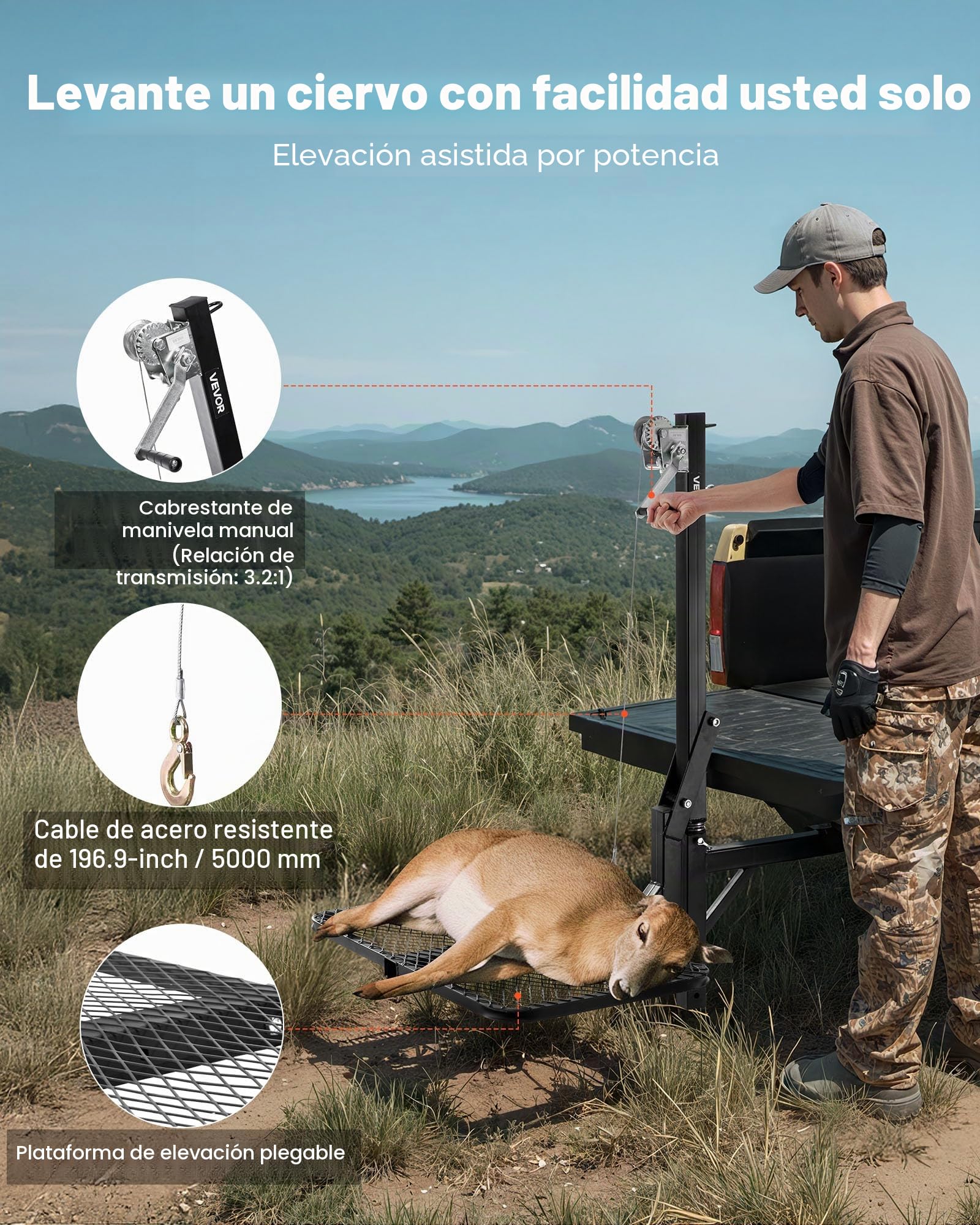 VEVOR Polipasto de Enganche con Plataforma de Elevación para Ciervos, Carga de 136 kg, Elevador de Cabrestante con Receptor de 5 cm, Eje Giratorio de 360° y Soporte Plegable para Presas en Movimiento