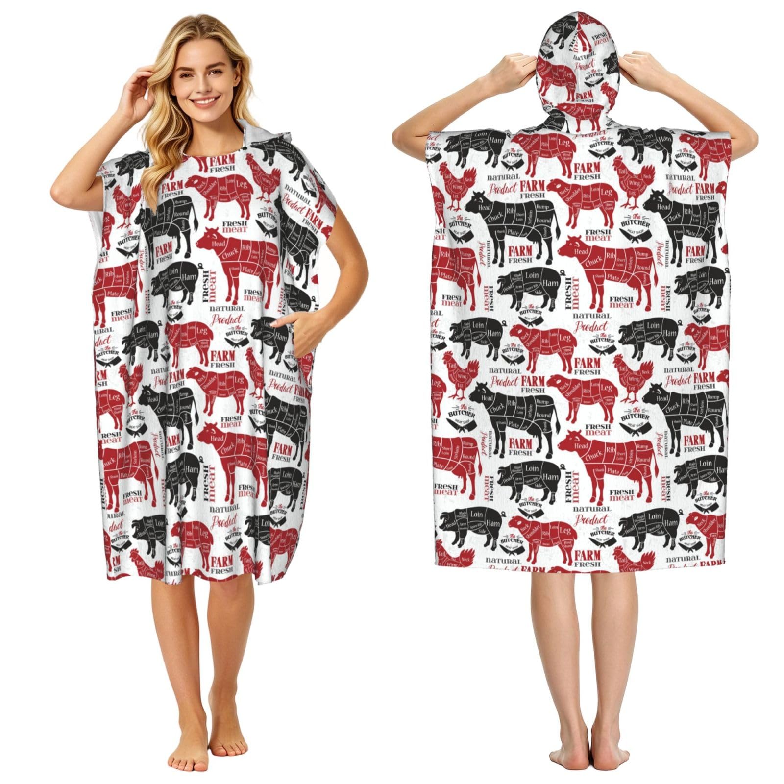 Poadnly Meat Cuts Diagrams Butcher Shop, Adult Hooded Beach Towel 90 x 110 cm,Changing Bath Robe, Surf Poncho Towel For Women Men