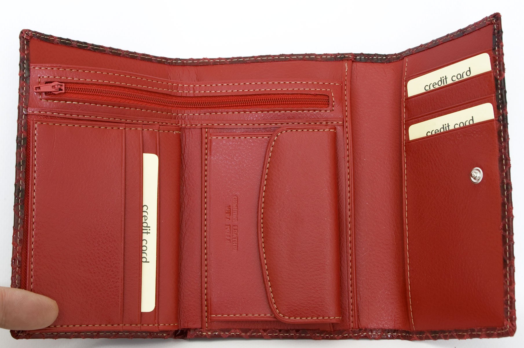 Cartera de Cuero Rojo Genuino para Mujer Hecha de Cuero Genuino sólido de Vaca con la imitación Superficial Serpiente