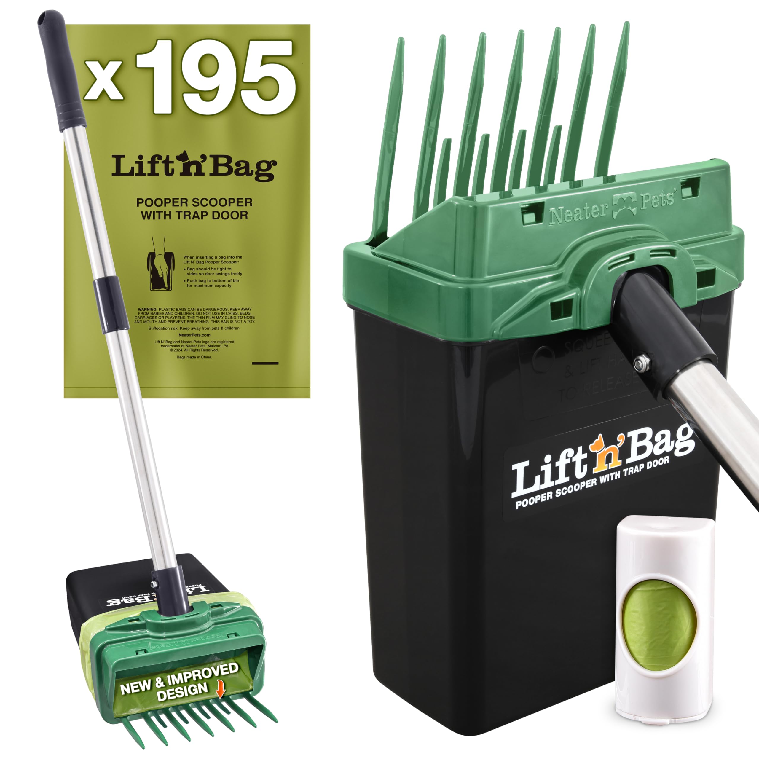 Neater Pet Brands Lift N’ Bag 2.0 Dog Pooper Scooper with Bag Attachment & 27" Pole for Small to Large Dogs, New & Improved Design, 195 Refill Bags, Heavy Duty Dog Poop Scooper for Yard, One-Hand Use