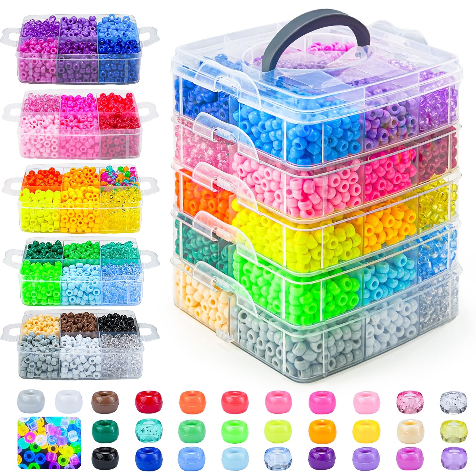Gionlion 5250PCS Pony Beads 30 Assorted Colors Includes Glow in The Dark Bead, Kandi Beads for Bracelets Jewelry Making, 6x9mm Hair Bead for Braids in Shock Resistant Packaging 5250 PCS